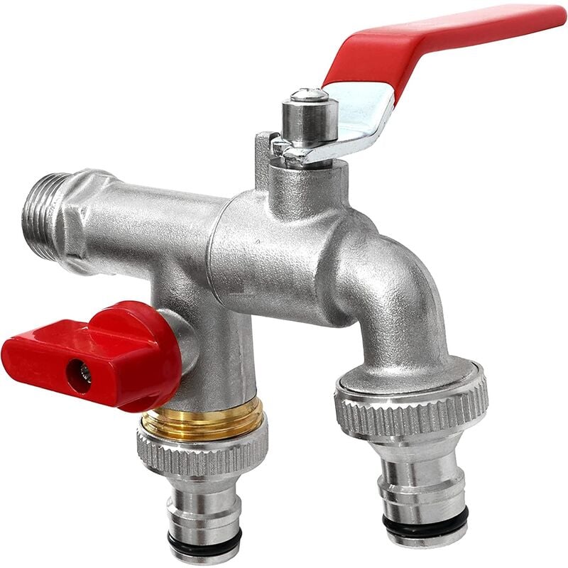 Wysokiej jakości podwójny kran z mosiądzu 1/2" (15/21), odporny na rdzę i zamarzanie + 2 darmowe złączki do węża