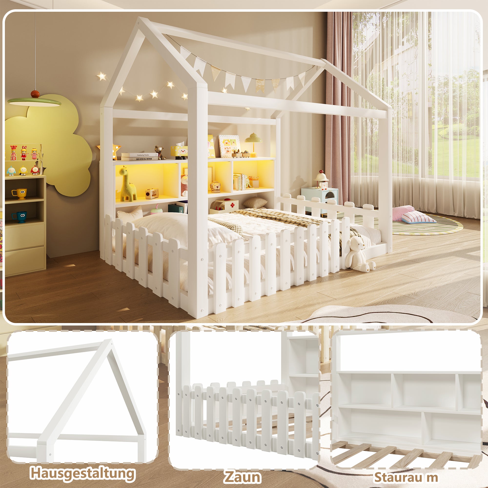 Lit cabane enfant 90x190 cm avec bande LED, Lit enfant avec barreaux, rangements ouverts, Lit plat en pin, style minimaliste, blanc,&nbsp;Sans matelas - 4