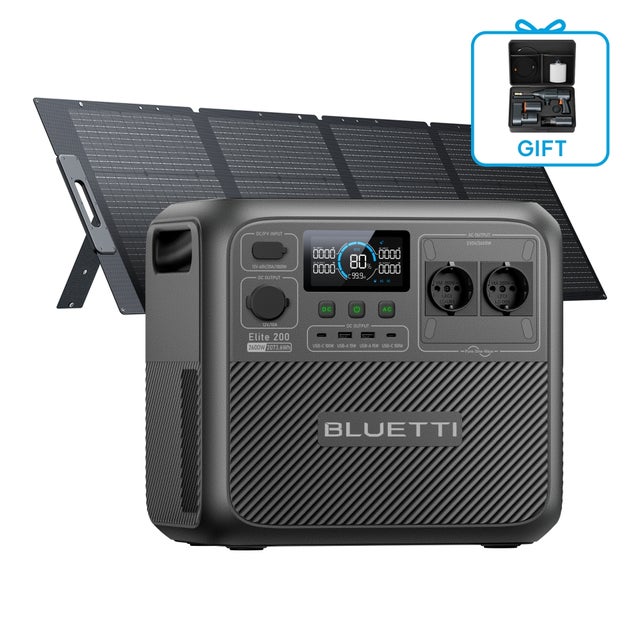 BLUETTI Elite 200 V2 Generador Solar con 200W Panel Solar, 2073,6Wh Estación con 2 Tomas de CA 2600W,17 Años de Vida LiFePO4 para Fuera de Red,Cortes