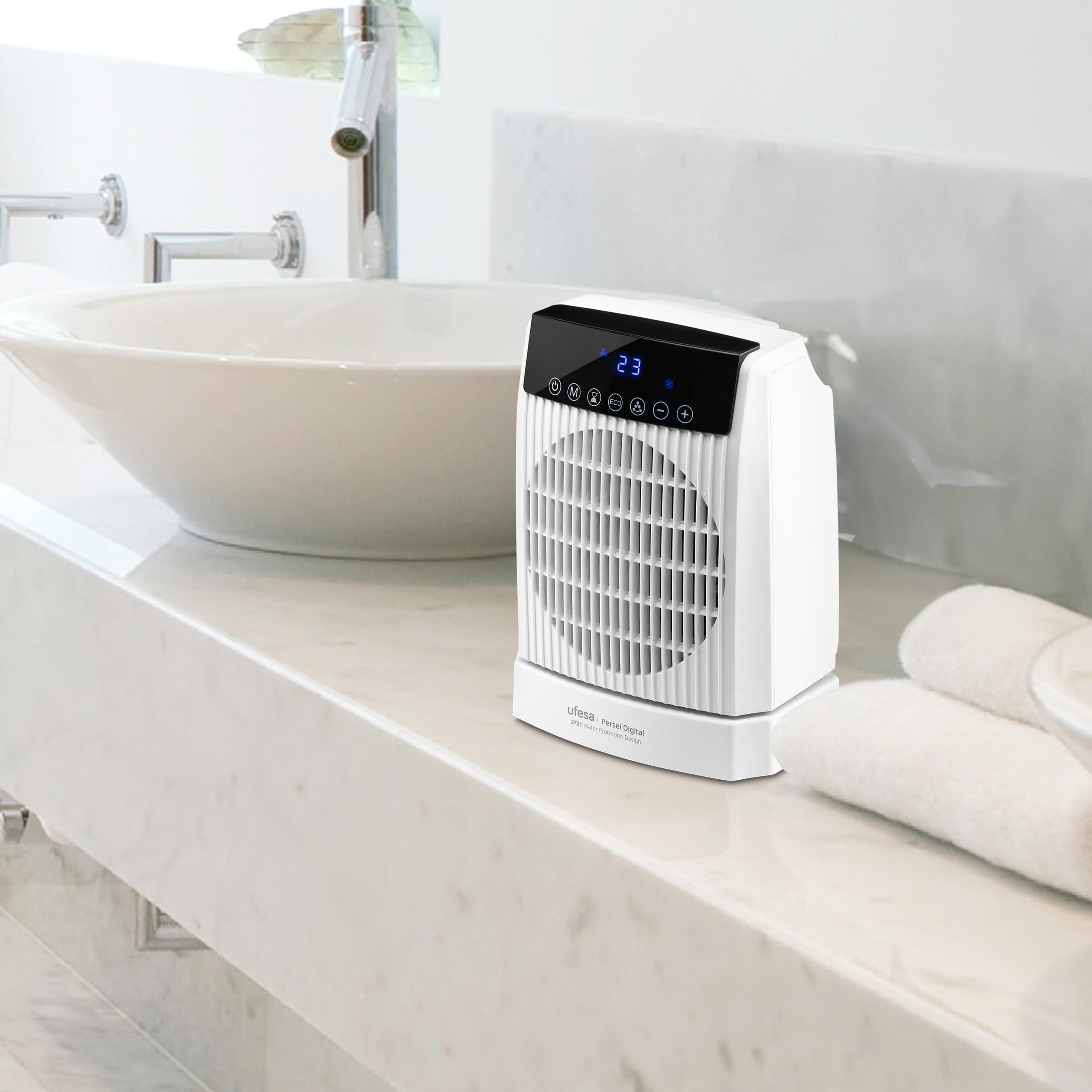 Ufesa Persei - Riscaldatore digitale da 2000 W, IP21, per bagno, 3 livelli di potenza termica/freddo, base oscillante, termostato regolabile, timer 24 - 8