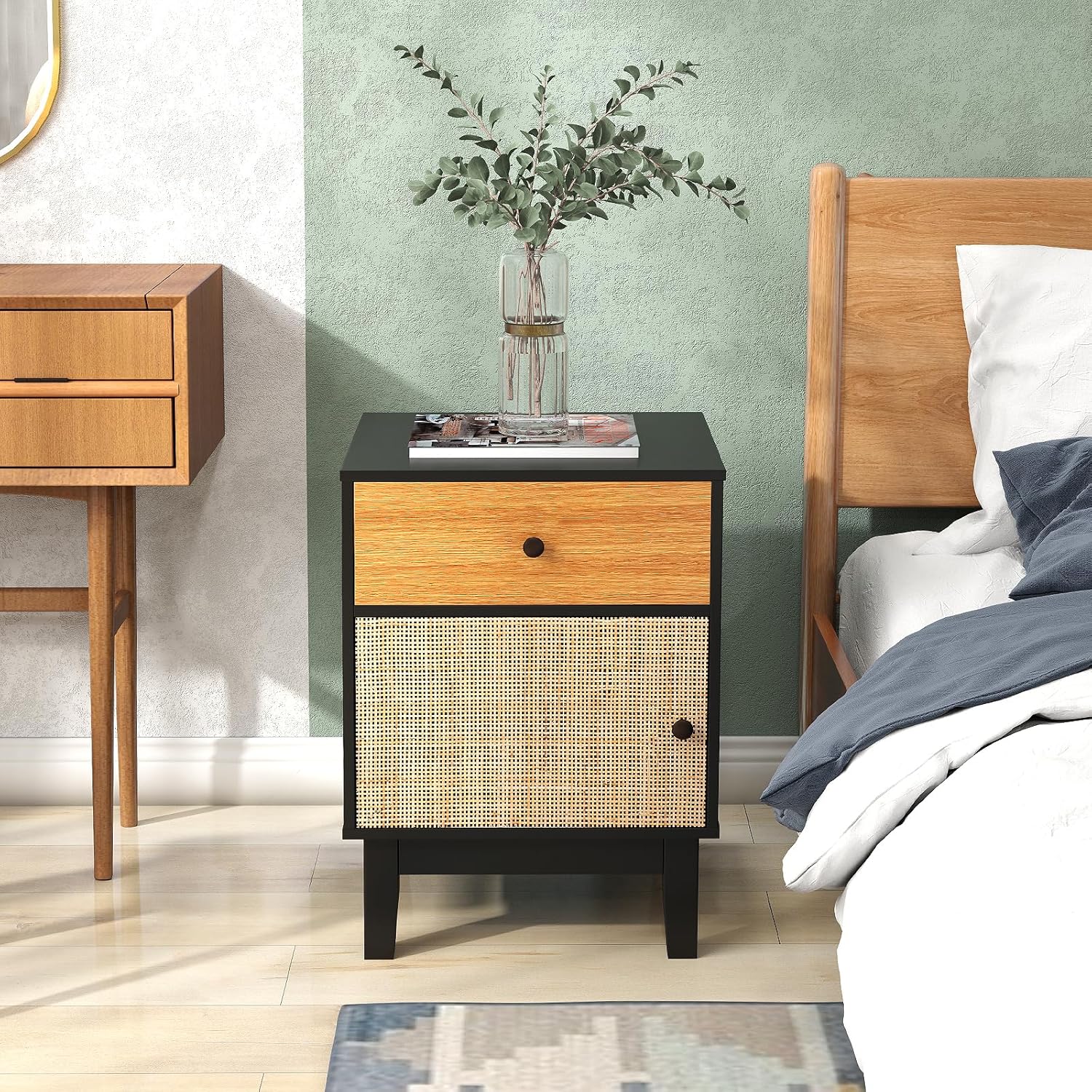 Comodino in Rattan 40 x 39 x 55 cm, Mobile Moderno con Cassetto, Armadietto e Gambe in Legno Massello, Tavolino in Stile Boemia per Camera da - 4
