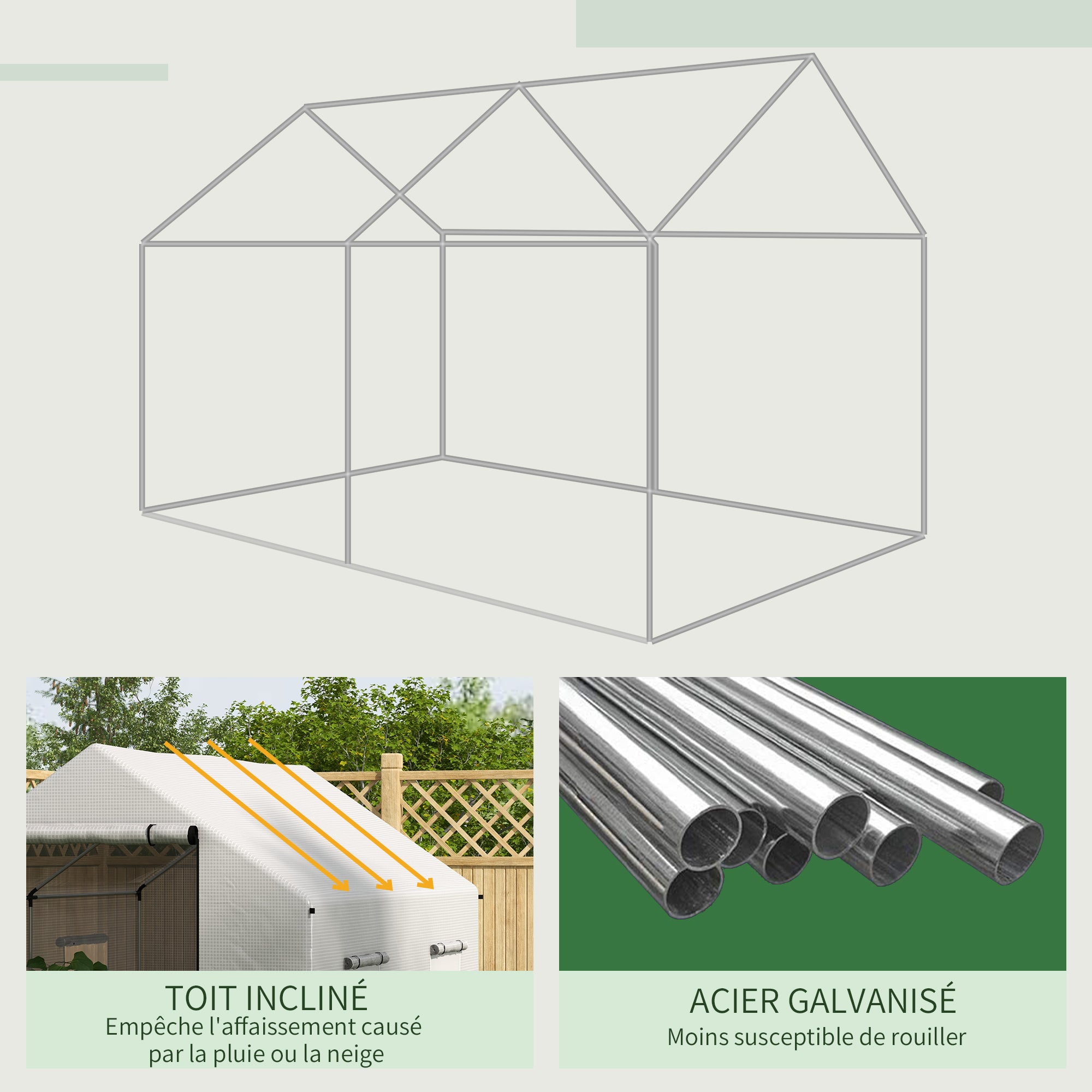 Serre de jardin tunnel 2x3m,6m² avec porte enroulable,4 fenêtres,- Acier galvanisé PE Haute densité Blanc - 9