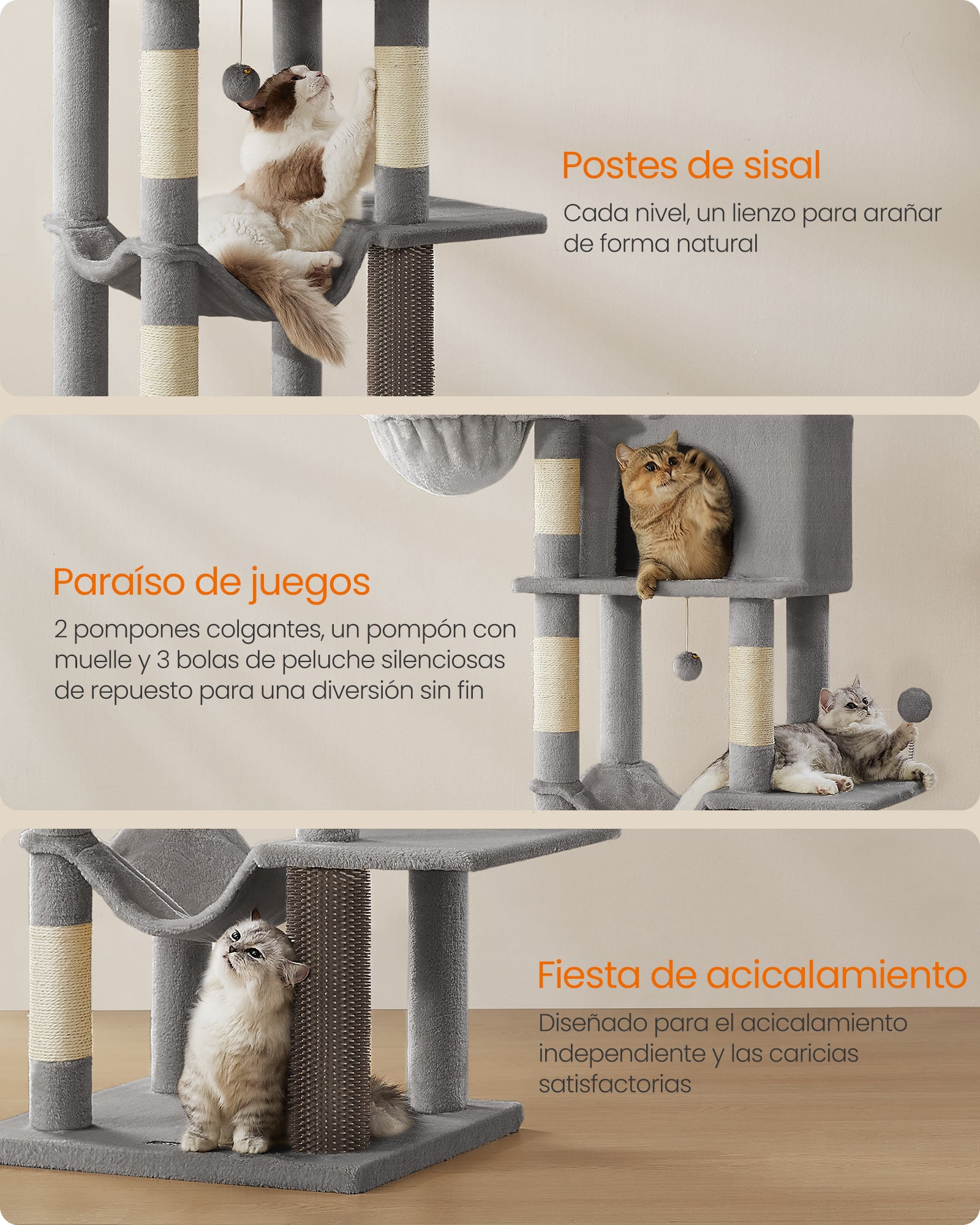 Árbol para Gatos de 175 cm, Multinivel con 2 Cuevas, 2 Cestas, 5 Rascadores, Plataforma, Hamaca, Gris - 5