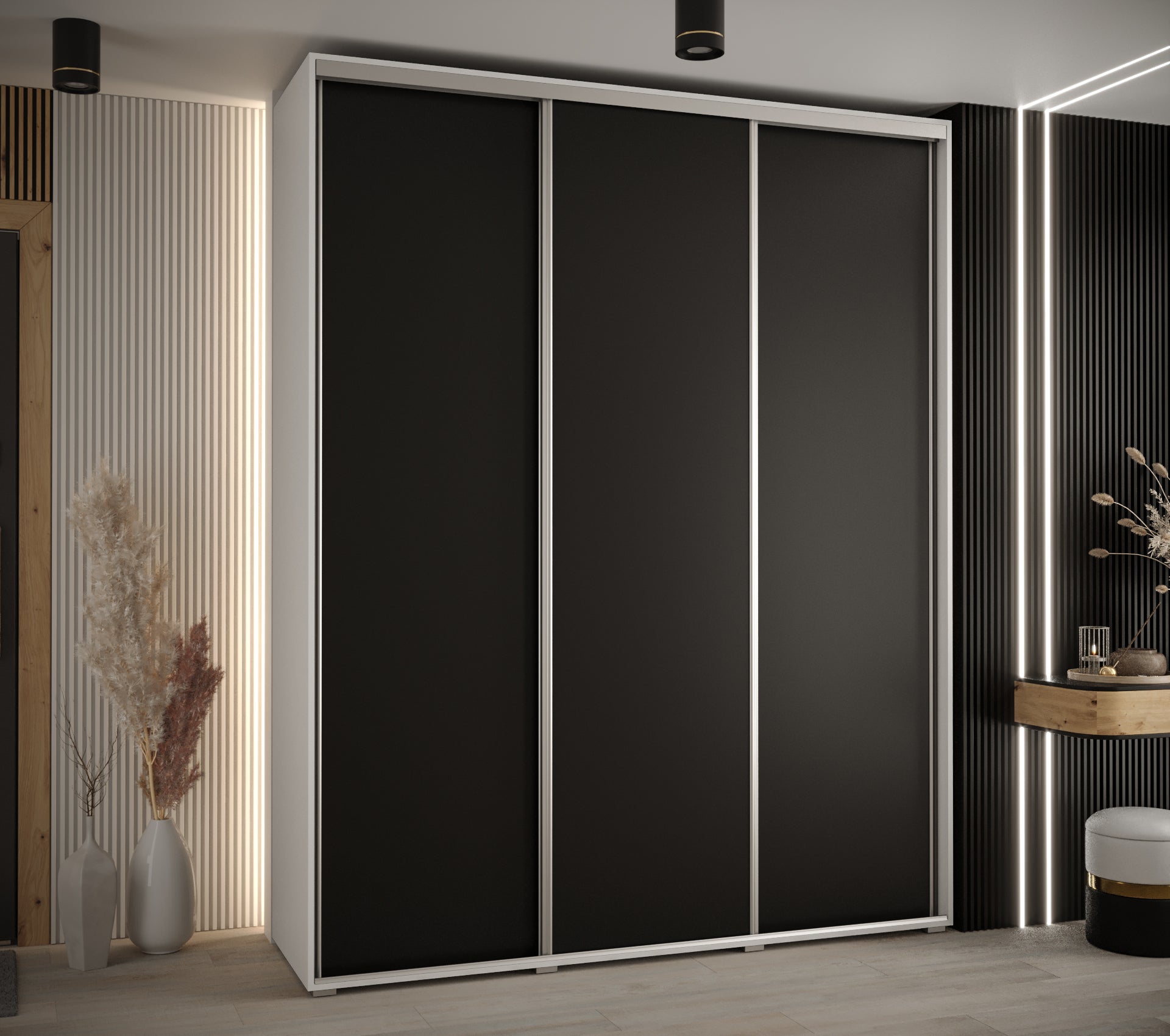 Szafa przesuwna wysoka Davos 1 200 x 60 x 235,2 cm biały + czarny + u. srebrny - Abiks Meble - 2