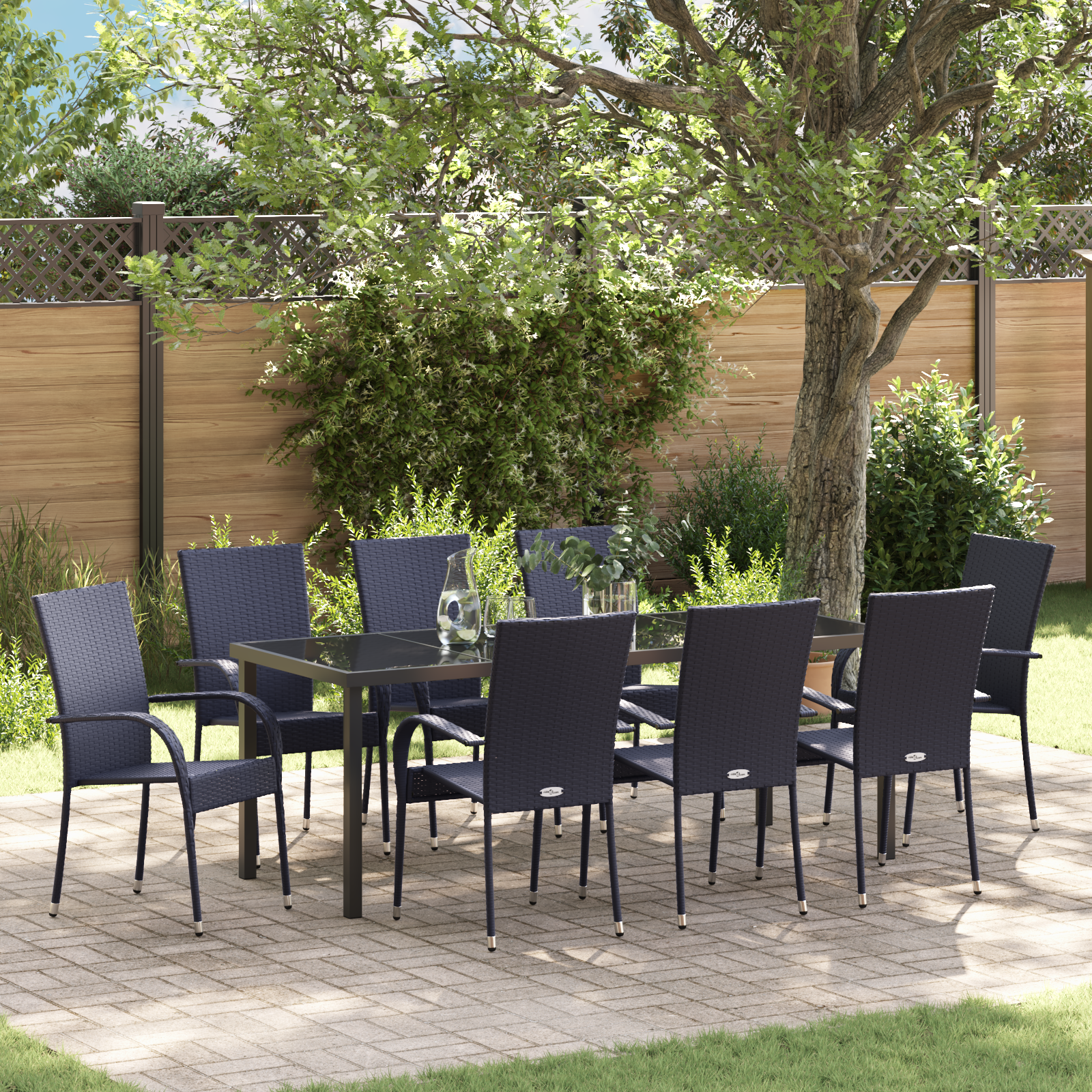 Ensemble Salon De Jardin 9 Pièces VidaXL | Table + 8 Chaises En Résine Tressée Noir | Bois D'acacia, Coussins Inclus