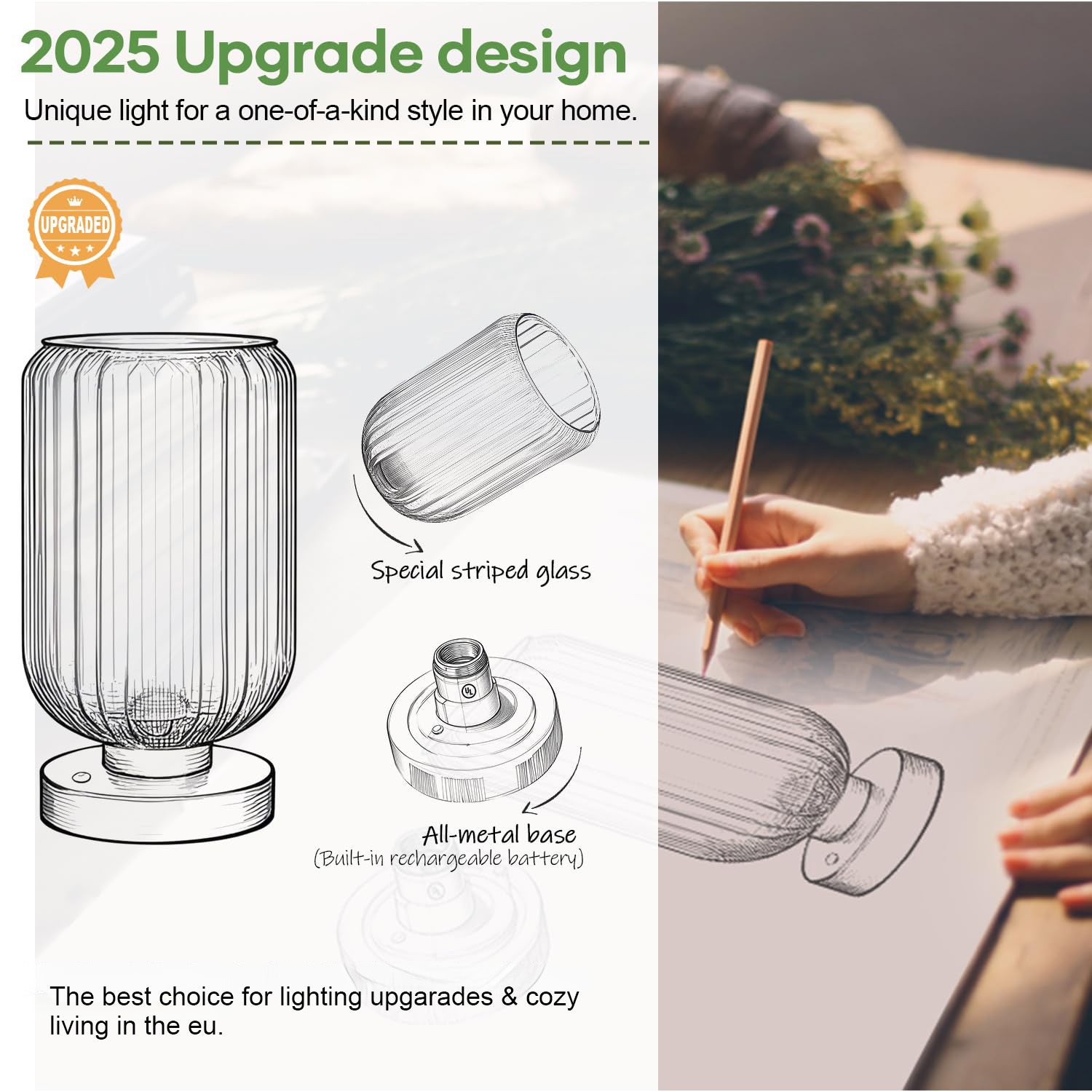 Lampa stołowa Lampka nocna LED dotykowa ściemniana,7500mAh szklana lampa stołowa z funkcją ładowania dekoracyjna do sypialni (Żarówka w zestawie) - 7
