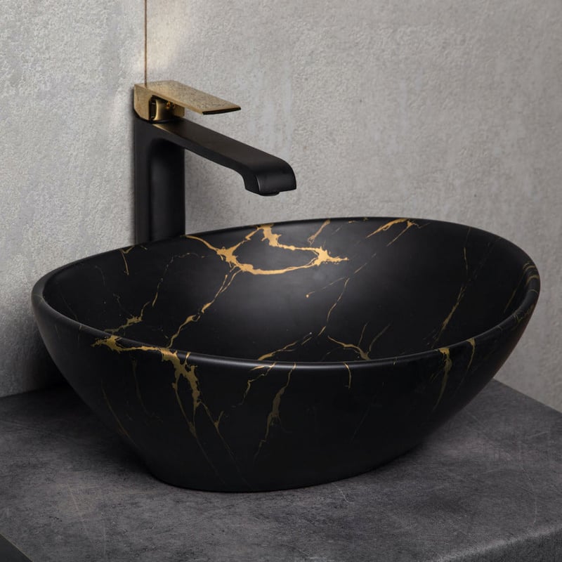 Umywalka nablatowa KR-707 MARBLE czarno złota z efektem marmuru KERRA