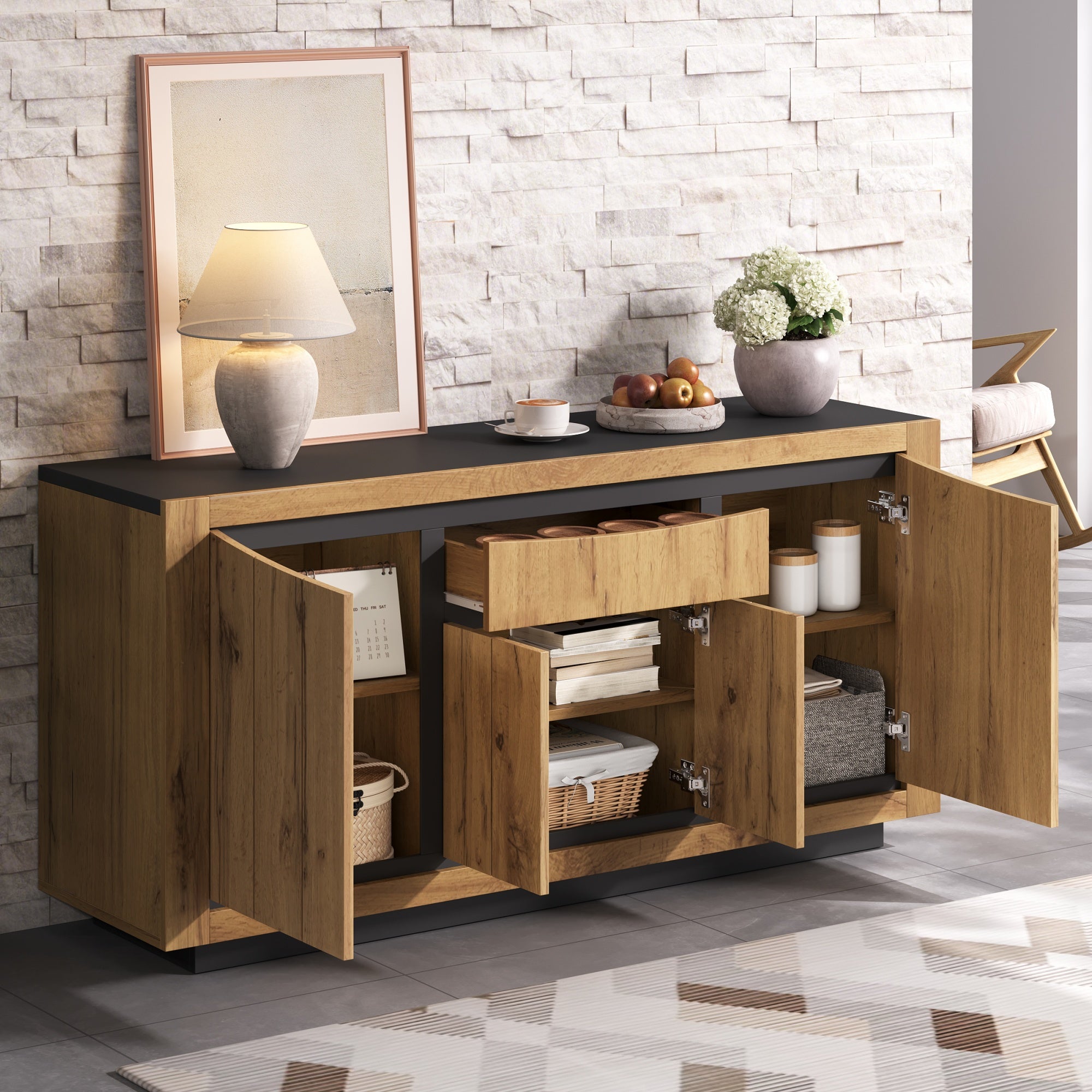 Buffet 140x38,5x52 cm - 4 portes et 1 tiroir - Commode 5 tiroirs - Finition bois - MDF - Naturel + Noir - 4