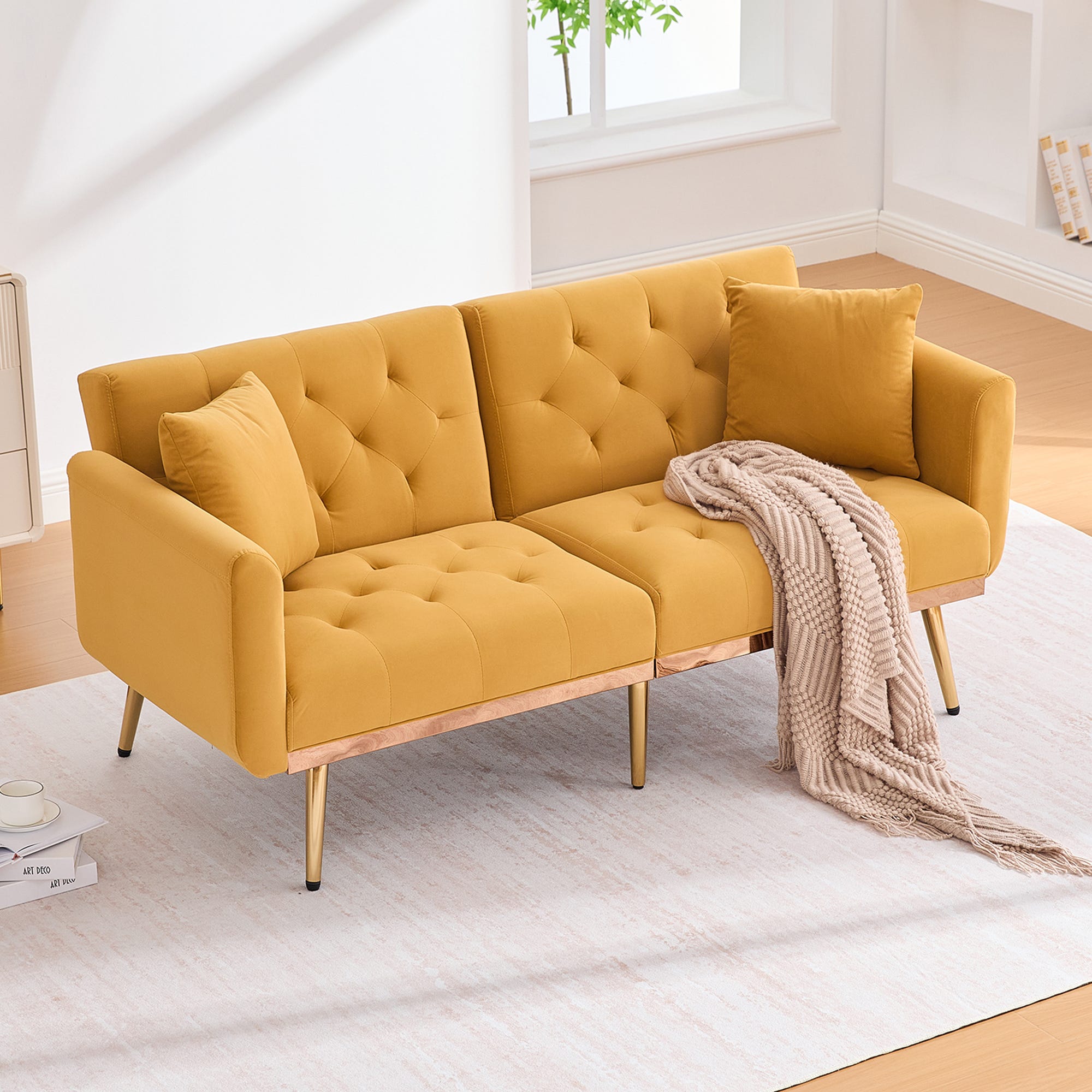Canapé Double Moderne (Jaune Moutarde) : Velours, Dossier Réglable ...