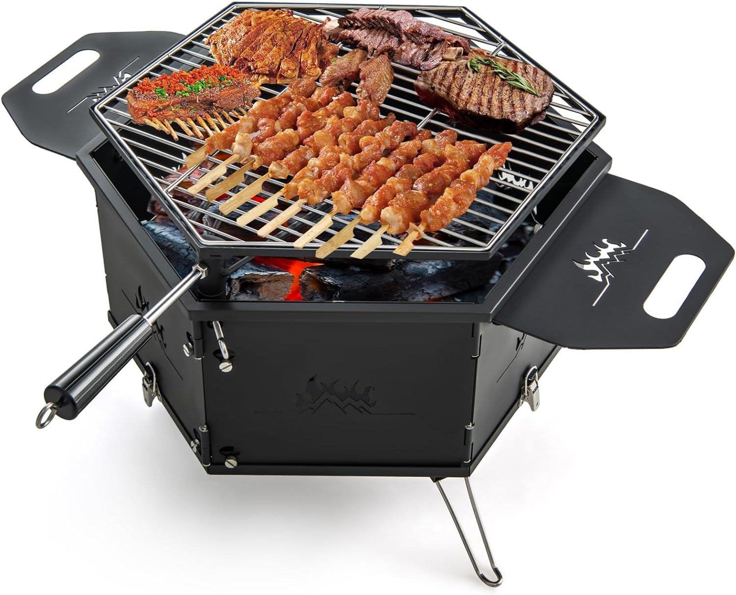 Duży grill na węgiel drzewny, obracany o 360°, koksownik 2 w 1, składany grill, na imprezy, kemping, wędrówki z plecakiem, 77 x 74 x 38