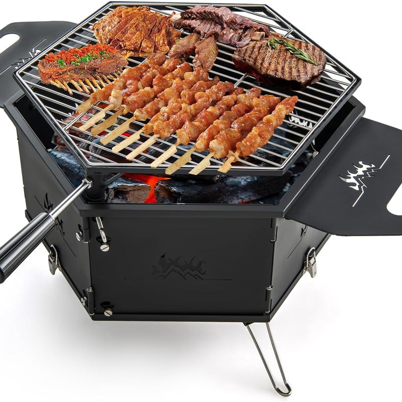 Duży grill na węgiel drzewny, obracany o 360°, koksownik 2 w 1, składany grill, na imprezy, kemping, wędrówki z plecakiem, 77 x 74 x 38