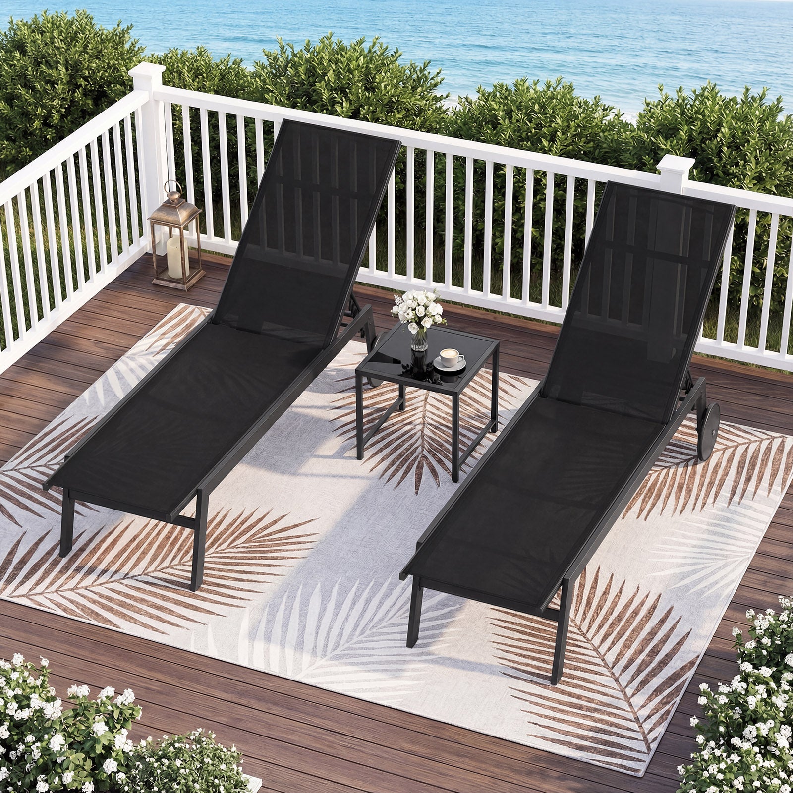 Tumbona de jardín para exterior en tejido transpirable, 64 x 190 x 33,5-99 cm, respaldo reclinable de 6 posiciones, cama solar móvil con 2 ruedas - 2