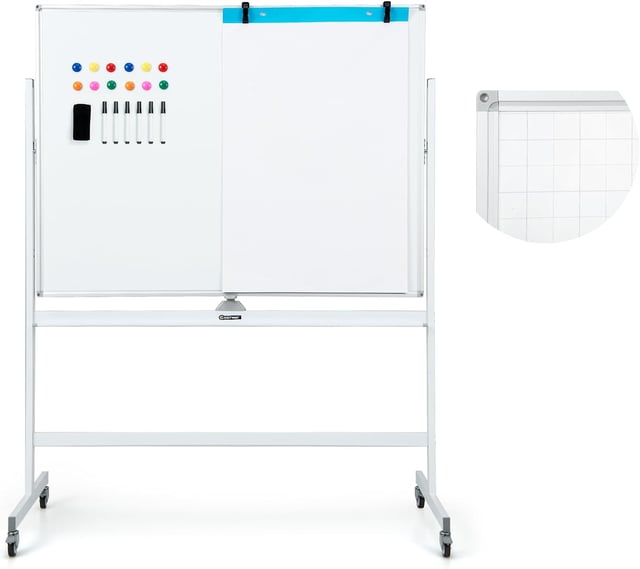 Lavagna Magnetica con 4 Ruote, Lavagna Bifacciale con Set di Accessori, Cancellabile a Secco, Lavagna Mobile Regolabile in Altezza, per Scuola,