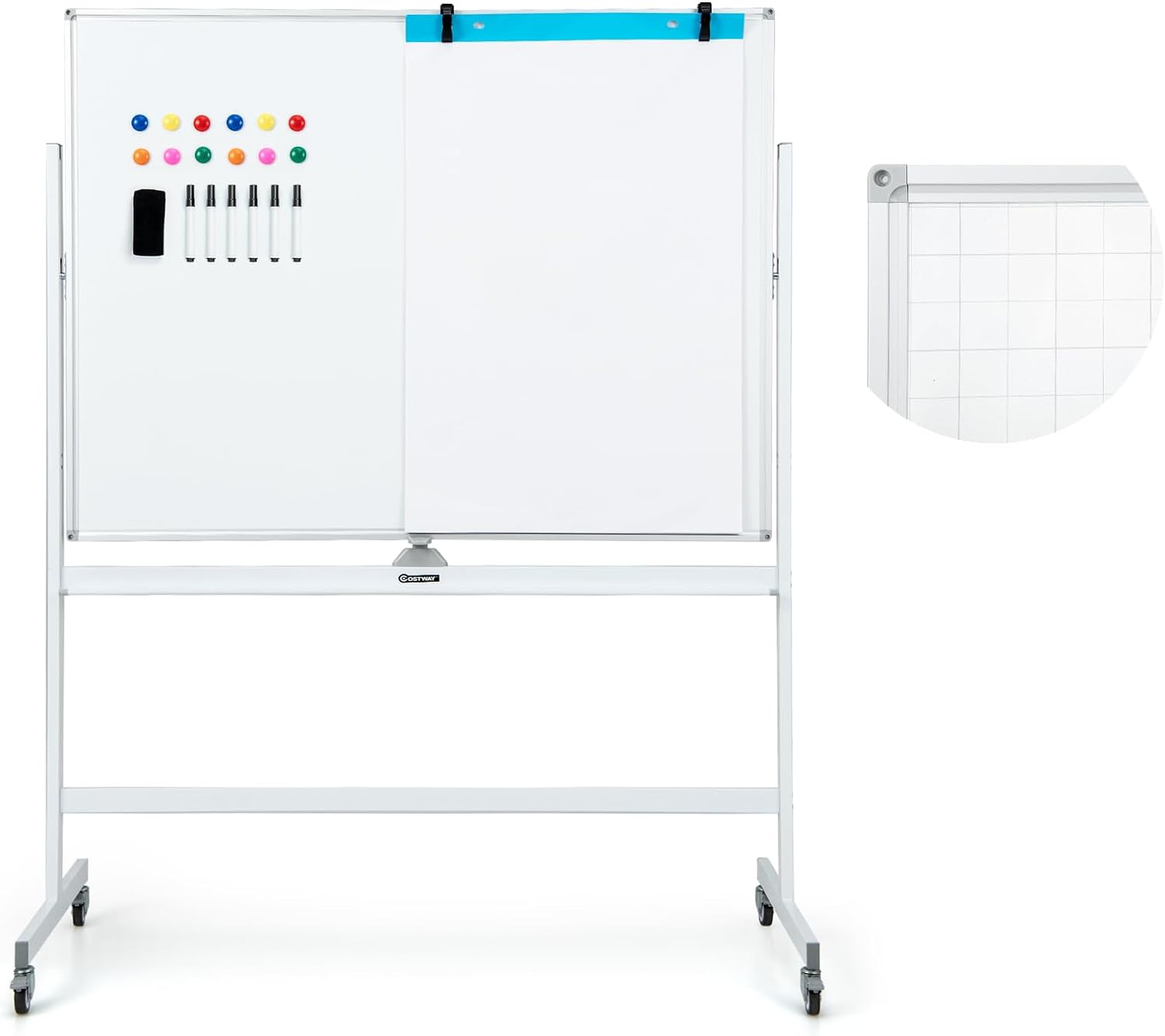 Tablica Biała 90 x 120 cm, o Regulowanej Wysokości, Dwustronna, Obrotowa o 360°, z 4 Kółkami Uniwersalnymi (Biała)