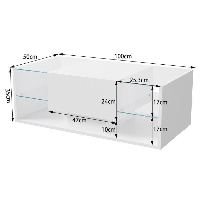 Table basse, Table basse salon LED avec espace de rangement, Table brillante avec étagère en verre, 100L x 50B x 35H cm - 9