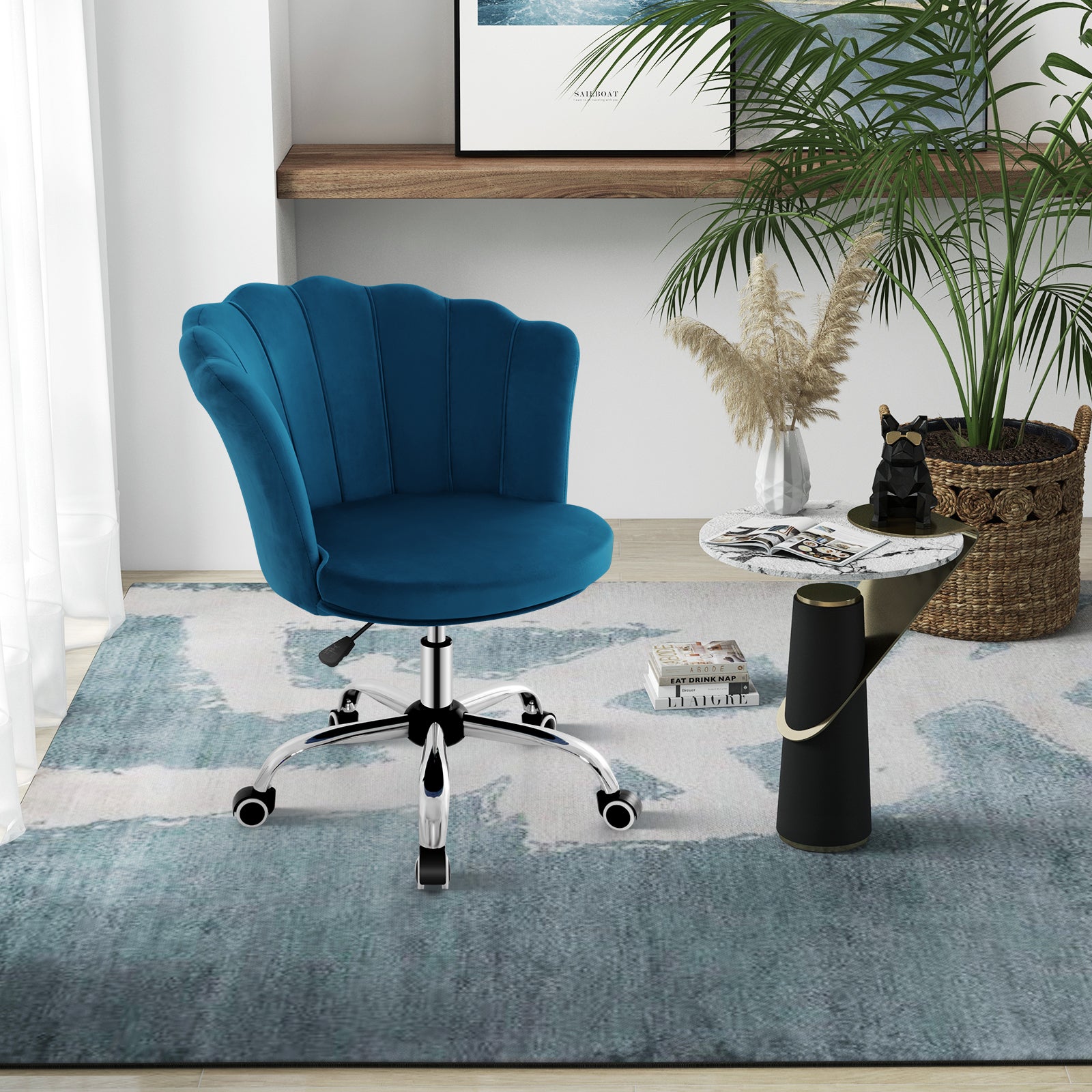 Fauteuil de Bureau en Velours avec 5 Roues Universelles, Chaise de Coiffeuse(Bleu) - 8