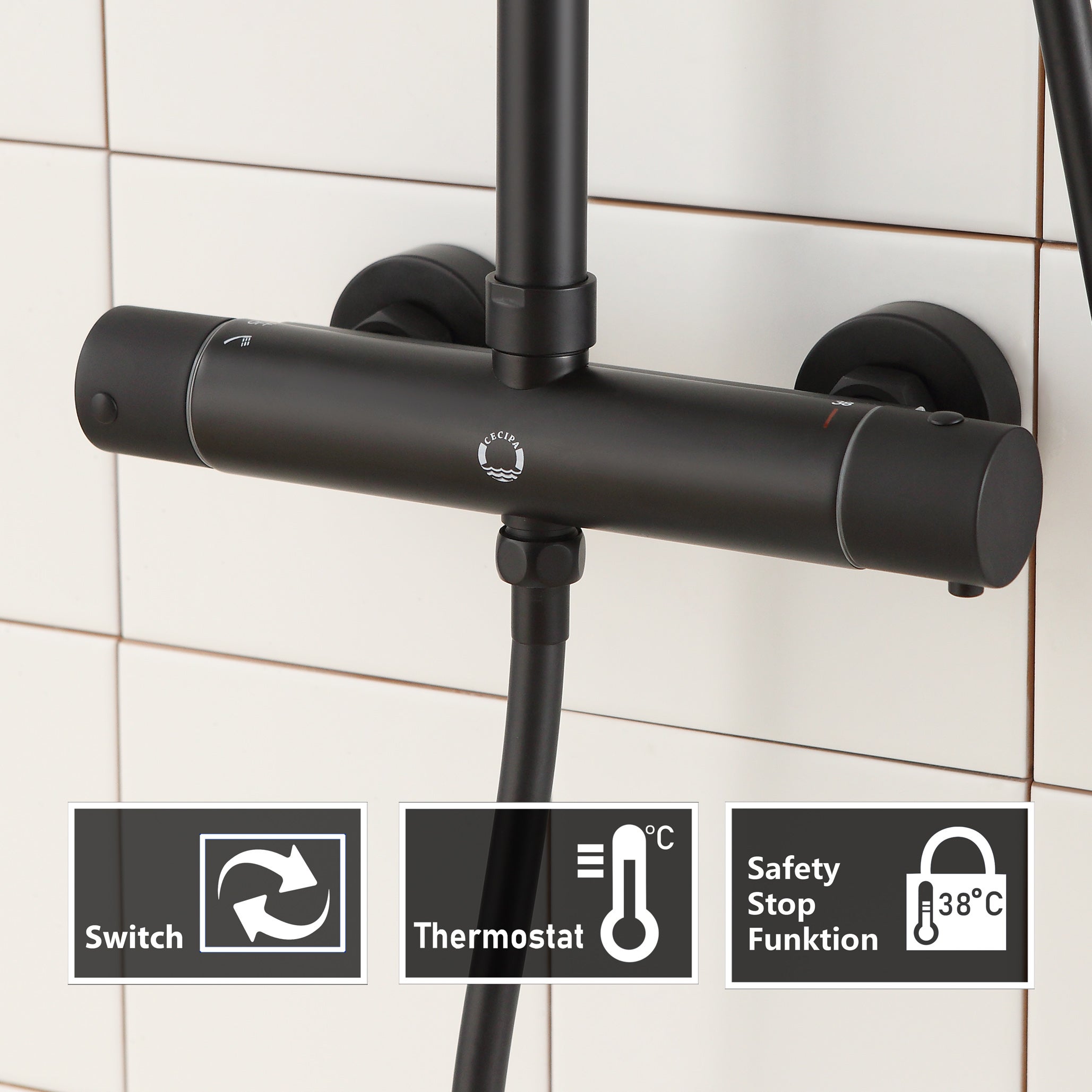 Colonne de douche thermostatique, Cecipa max Pomme 230mm+Douchette 2 jets, Noir,EU Modèle - 3