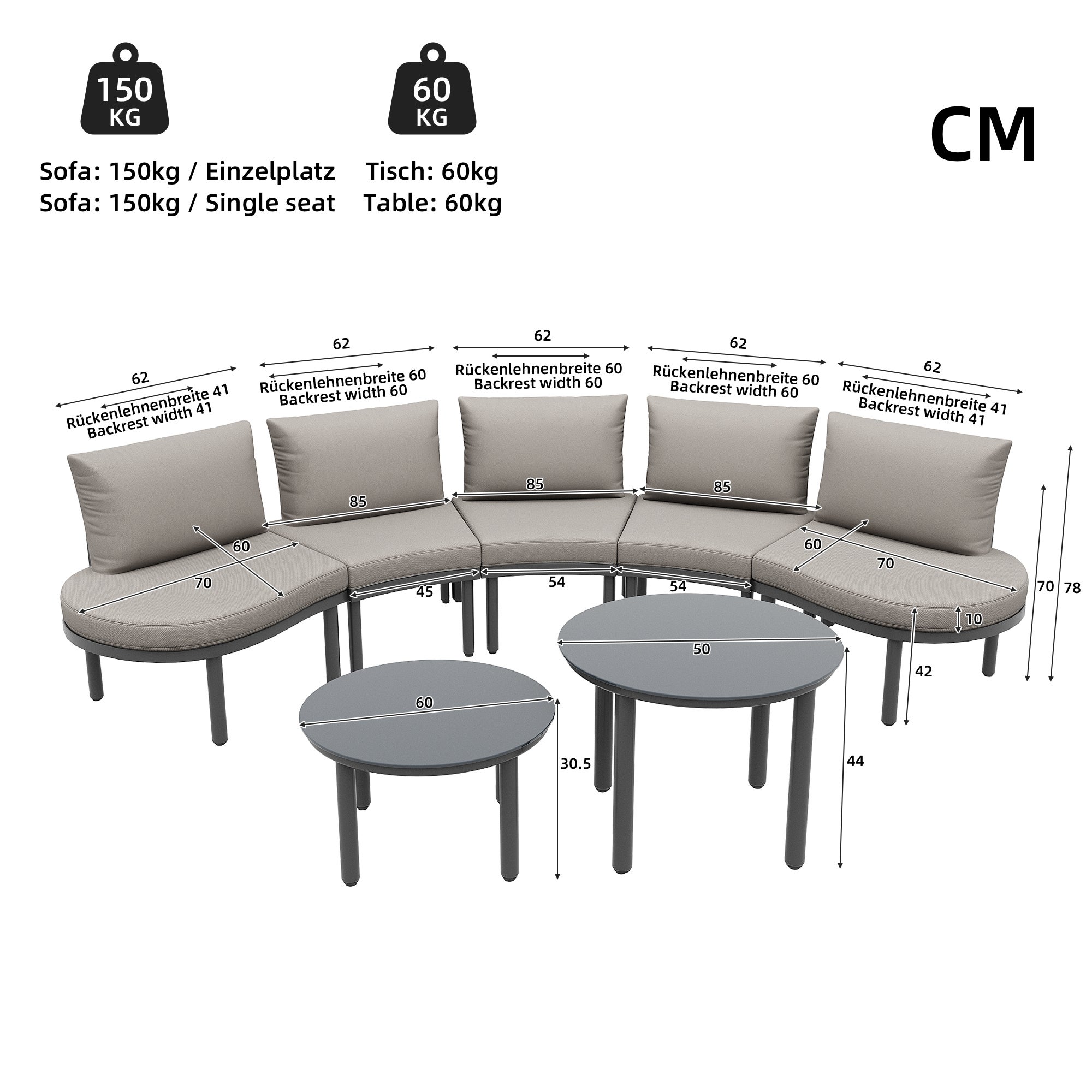 Salon de jardin modulable en acier galvanisé : canapé 10 places + 4 tables basses en verre - Gris - 4