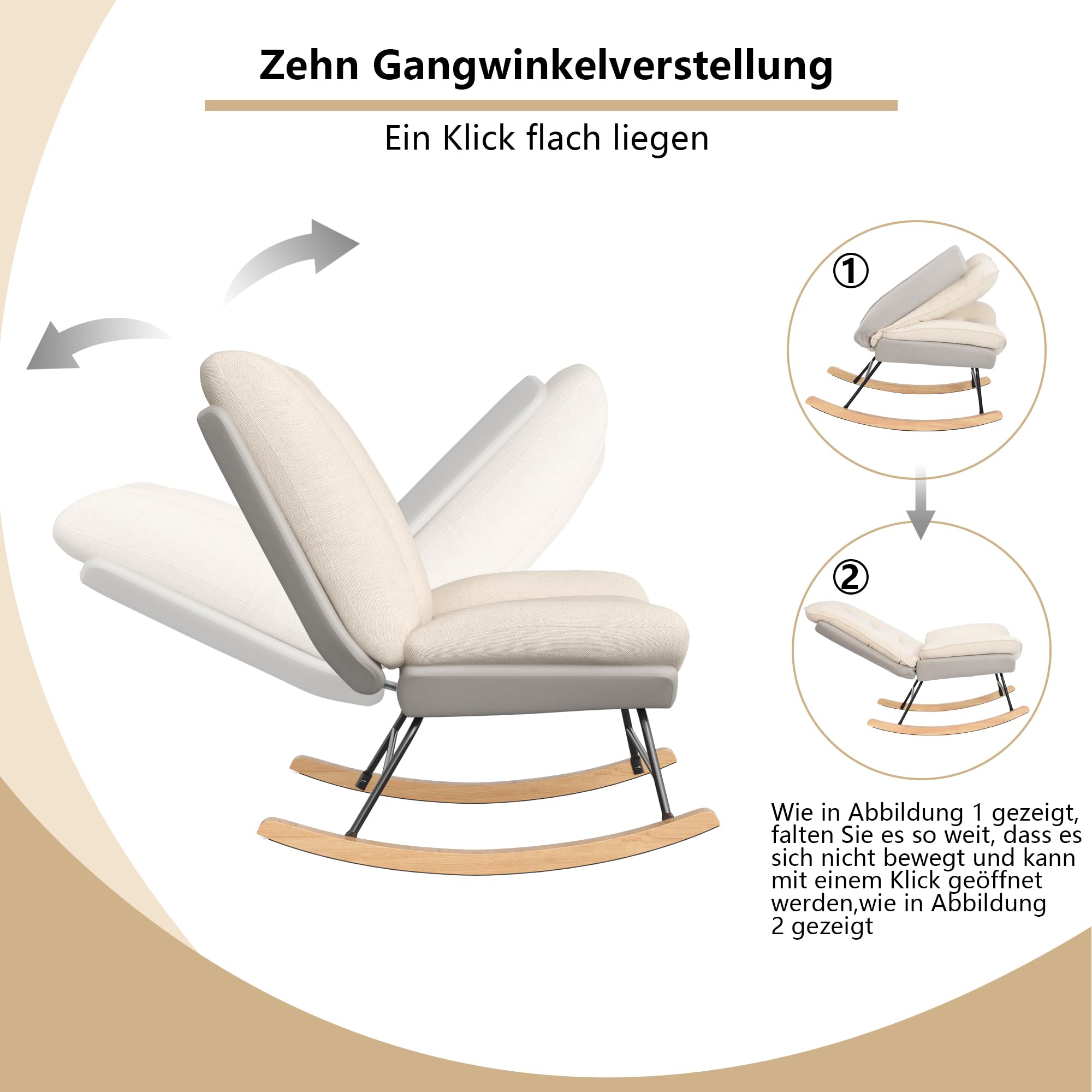 Fauteuil à Bascule, Rocking Chair, Fauteuil rembourré en Lin, avec Dossier Haut réglable, Chaise à Bascule, Chaise de Relaxation, d'allaitement - 5
