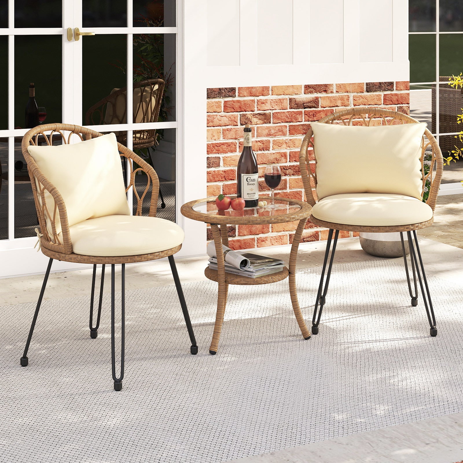 Conjunto de Móveis para Pátio em Fibra de Resina Trançada PE 3 PCS, Conjunto de Conversação Externa com Almofadas e Mesa de Centro de 2 Níveis - 7