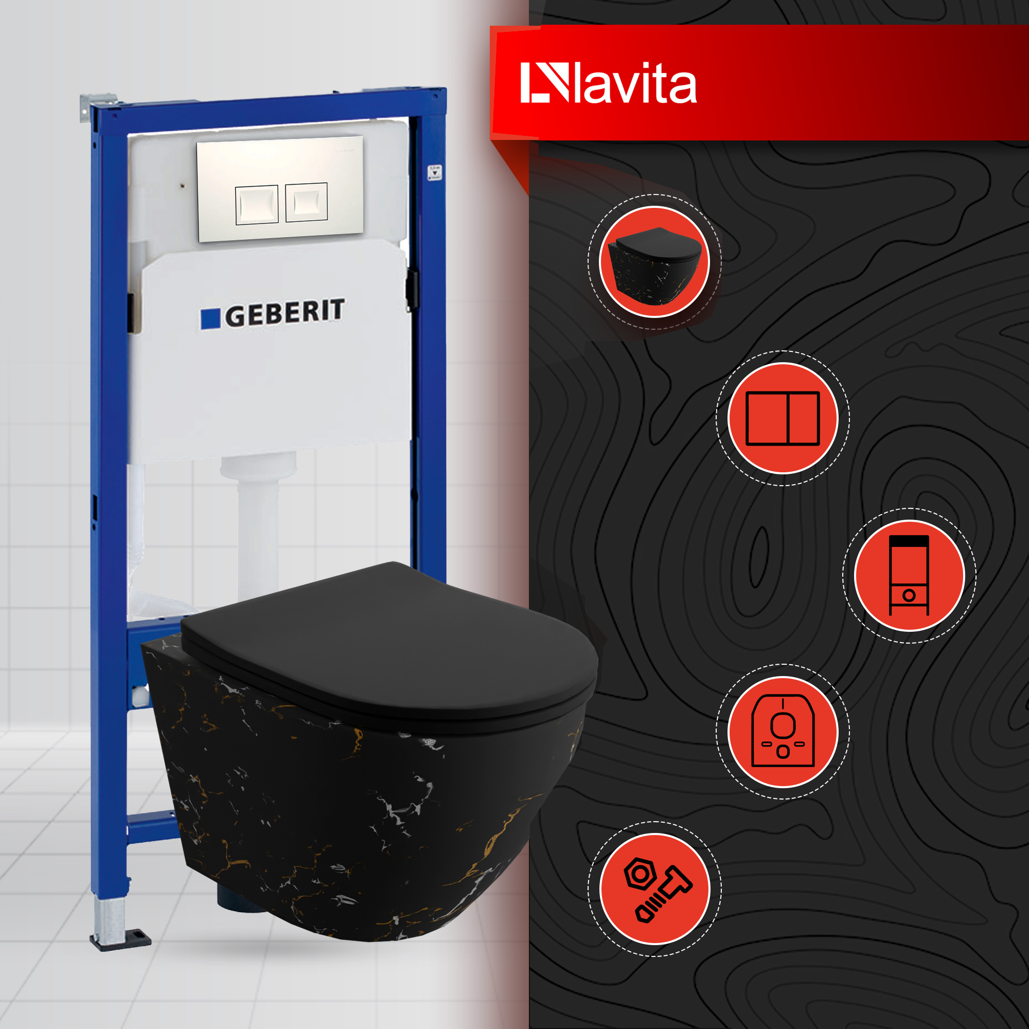 GEBERIT Duofix Basic Support Bâti-support + Lavita WC Sofi One Suspendu Blanc Sans Bord + Panneau De Commande Delta 25 Chrome Kit Complet WC