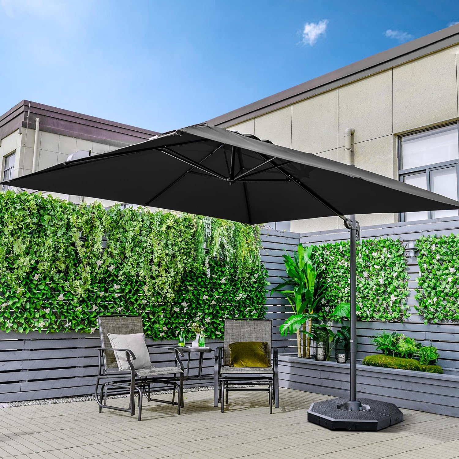 Parasol Déporté Inclinable 3x3 M, Parasol de Jardin Extérieur Pliable, Base Croisée Rotatif à 360°, Protection UV, (Noir, Carré) - 8