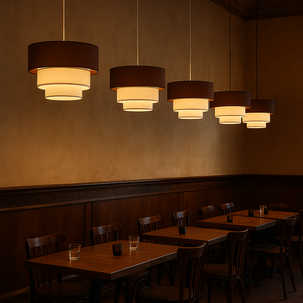 Lampada a Sospensione in Tessuto “NIVELA” a Tre Livelli in Bianco e Marrone Combinati, Ø38 cm x 30 cm, Attacco E27 - 6