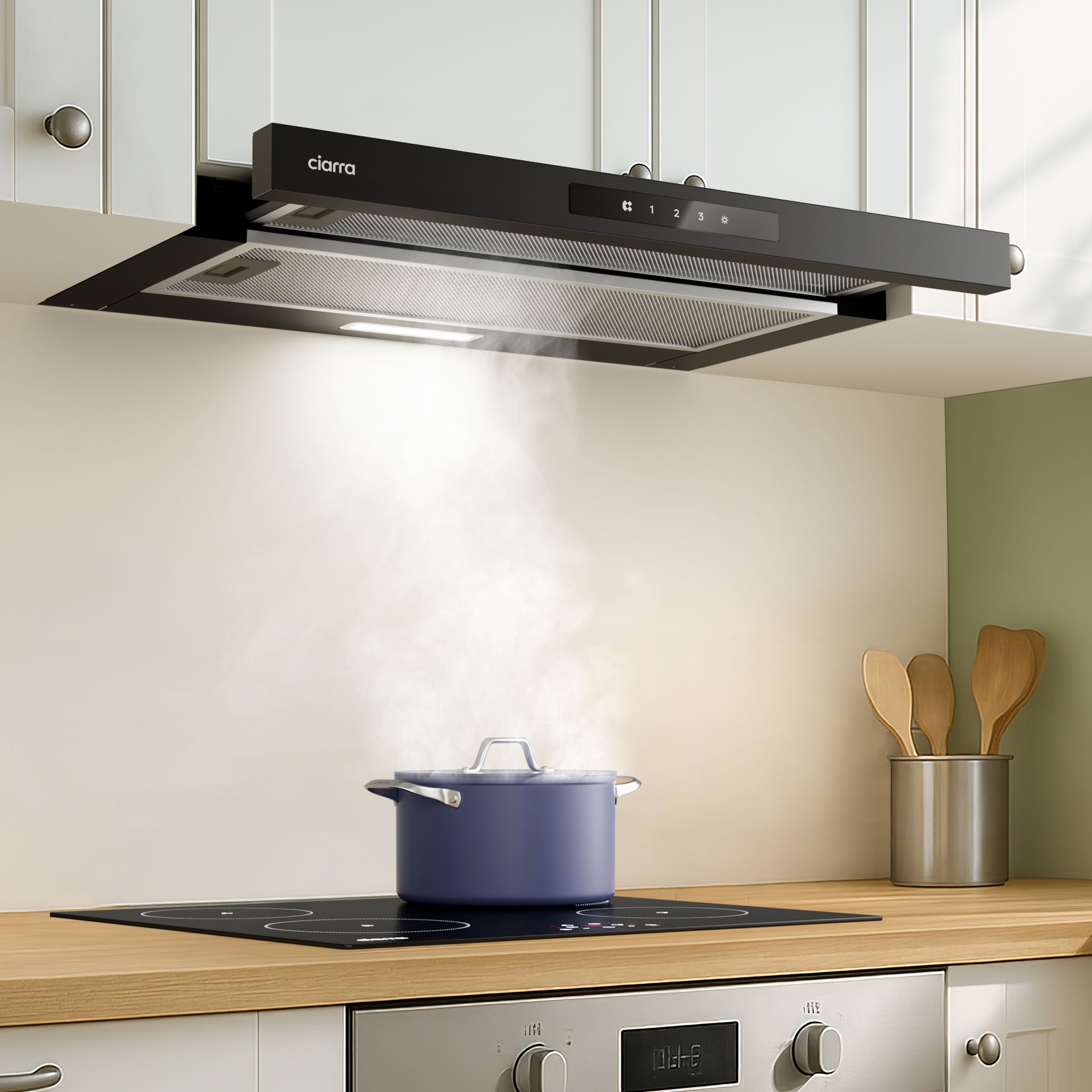 CIARRA Hotte tiroir encastrable 60cm 580m³/h A+ 3 Vitesses Touche Tactile LED Affichage Recyclage et Évacuation Noir CD6909AB - 8