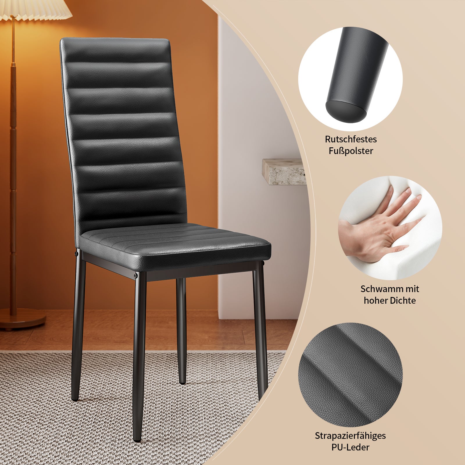 Bealife Conjunto de 4 Cadeiras de Sala de Jantar Assento Amortecido em Couro PU Pés em Metal com Dedo Antiderrapante Negro - 5