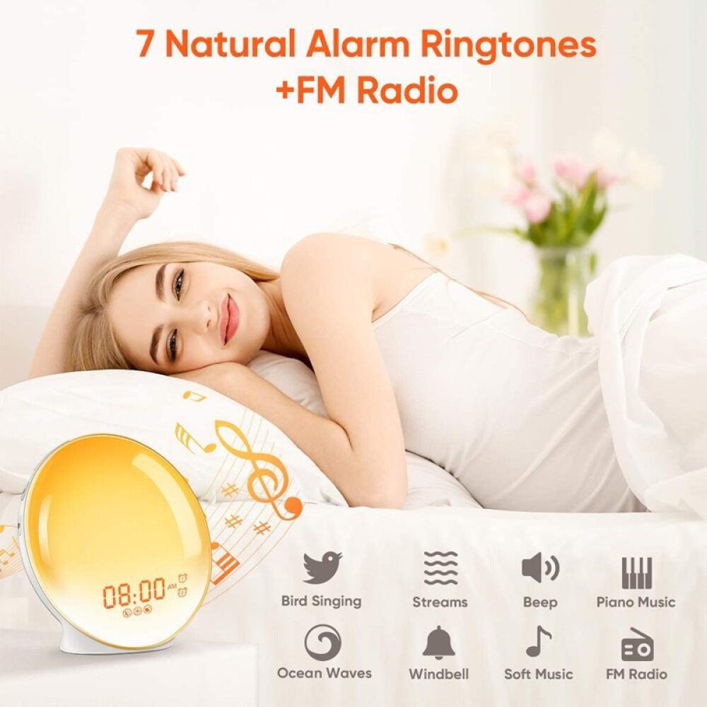 Eveil Lumière LED Radio Réveil Matin Lumineux Lampe de Chevet 20 Niveaux de Luminosité Simulateur d'Aube et Crépuscule 2 Réveils 7 Sons Naturels - 6