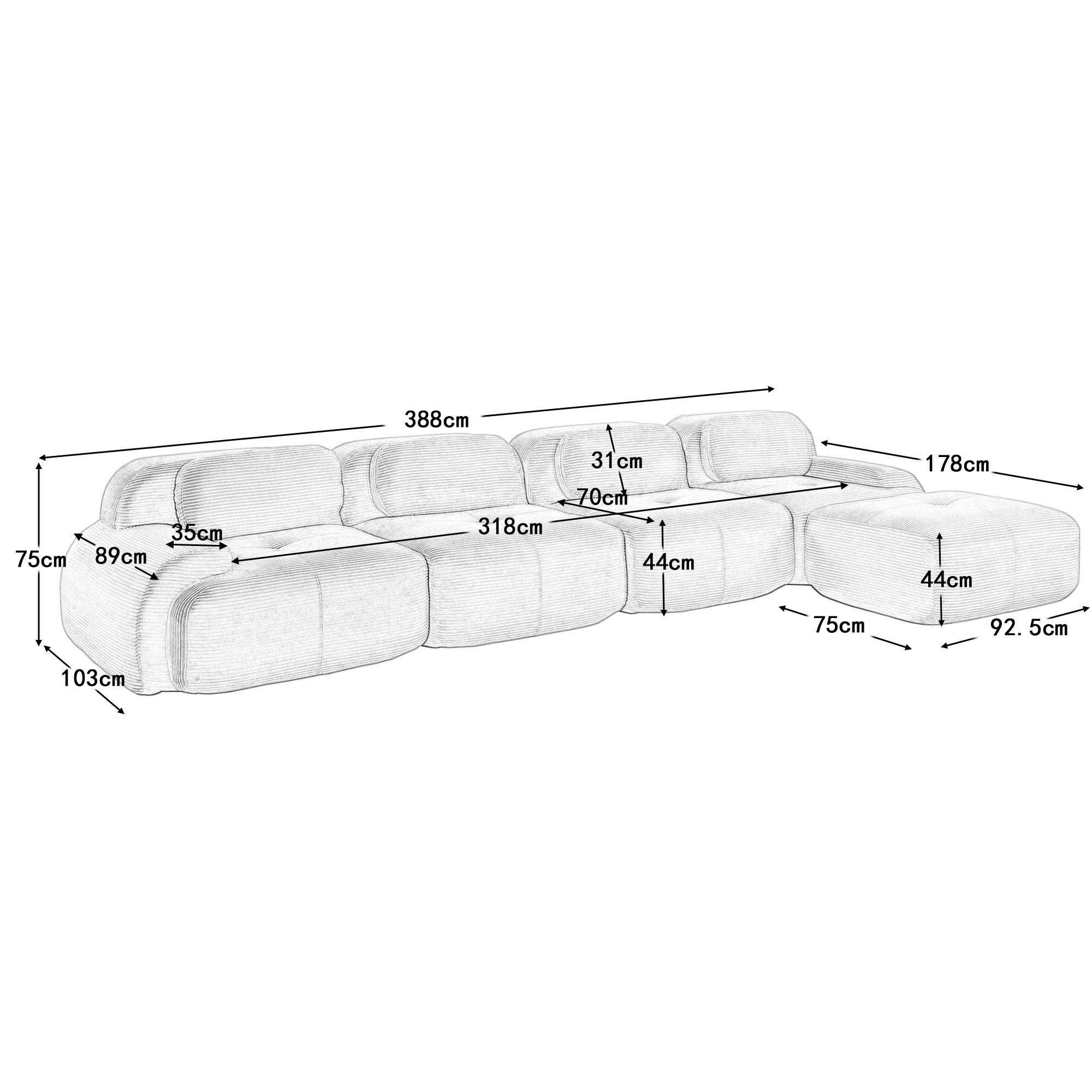 Canapé d\'angle modulable en forme de Canapé 4 places Élégant - Accroupiers extra-larges- Tissu velours côtelé respirant - Beige - 7