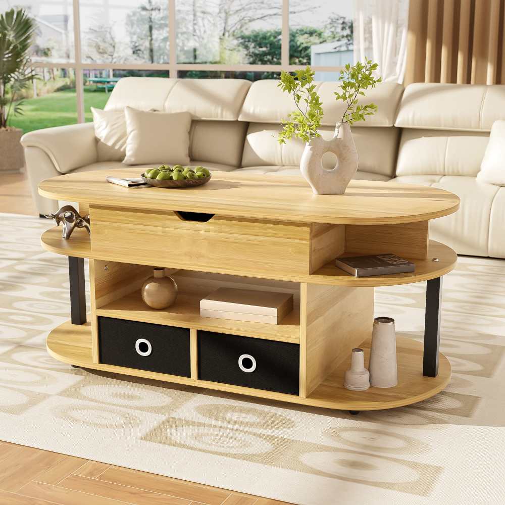 Table Basse Moderne Veines de Bois : avec Fonction Relevable, Espace de Rangement & Tiroirs en Tissu Noir, Polyvalente pour Salon & Bureau - 2