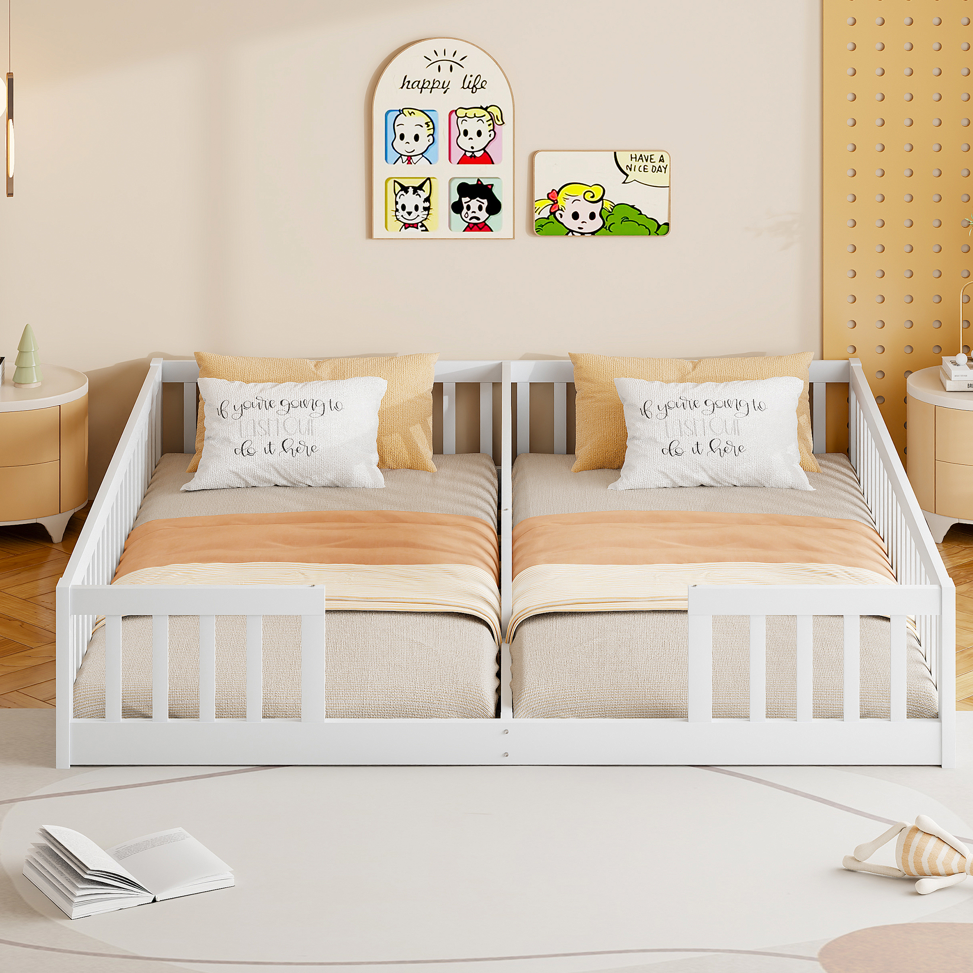 Montessori Lit de sol 90 x 200 cm avec barrières de sécurit, lit d'enfant 2 place, lit en bois avec sommier à lattes, blanc (sans matelas) - 2