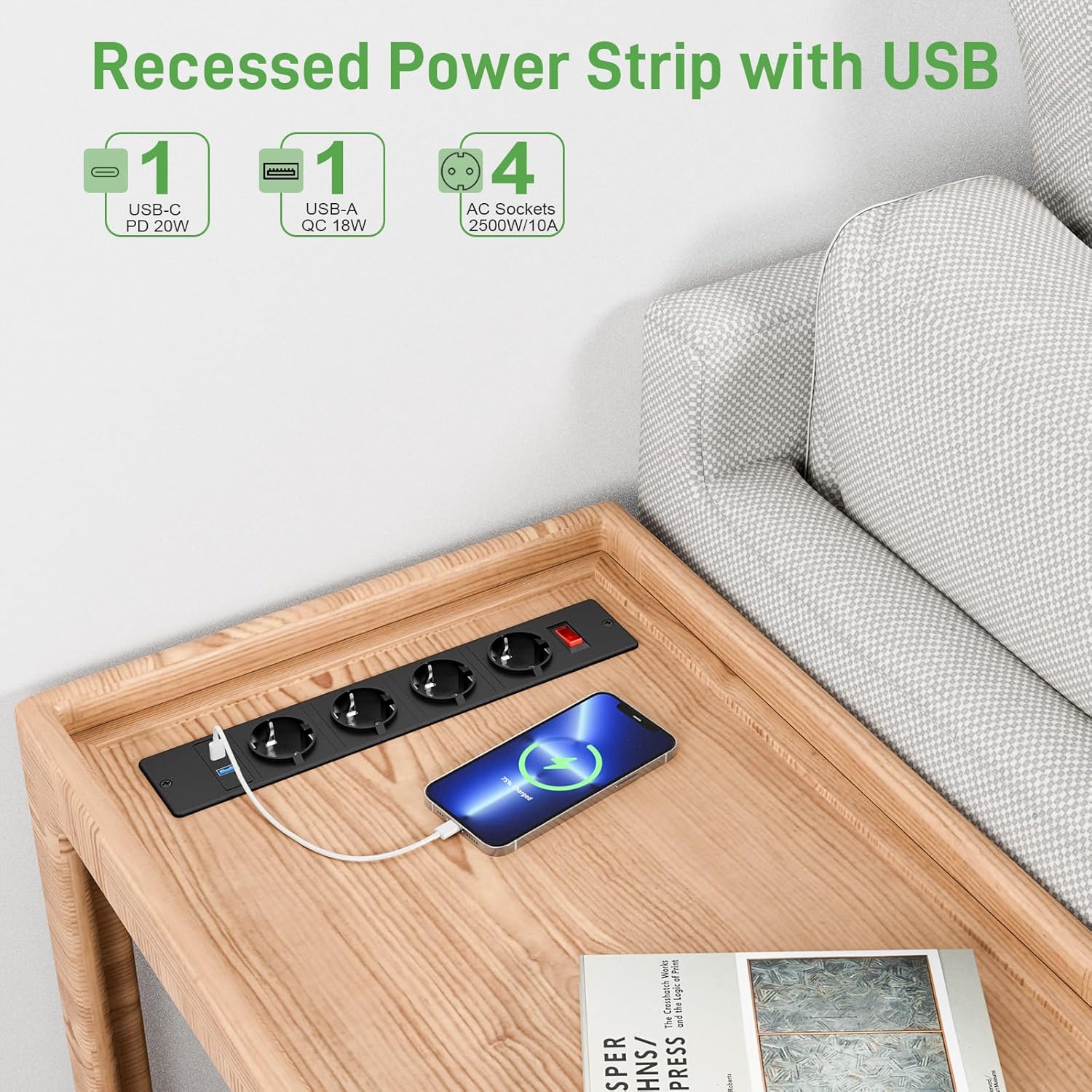 Multiprise Encastrable 4 Prises, Prise Encastrable Plan de Travail avec USB C PD 20 W, Multiprise de Table avec Interrupteur - 5
