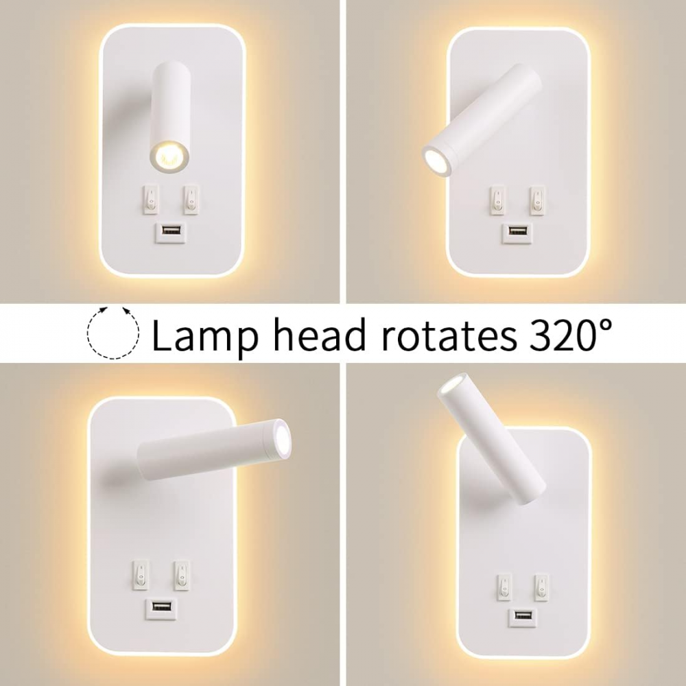 Biała lampa ścienna LED – lampka nocna do czytania z włącznikiem – port ładowania USB – ciepłe światło – regulowany reflektor tworzący nastrój w sypia - 2