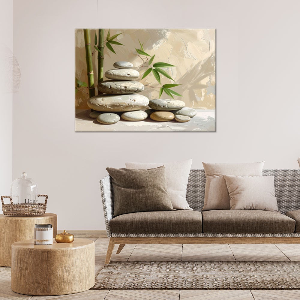Obraz do salonu sypialni, Kamienie zen spa liście bambusa w beżu 90x60 - 2