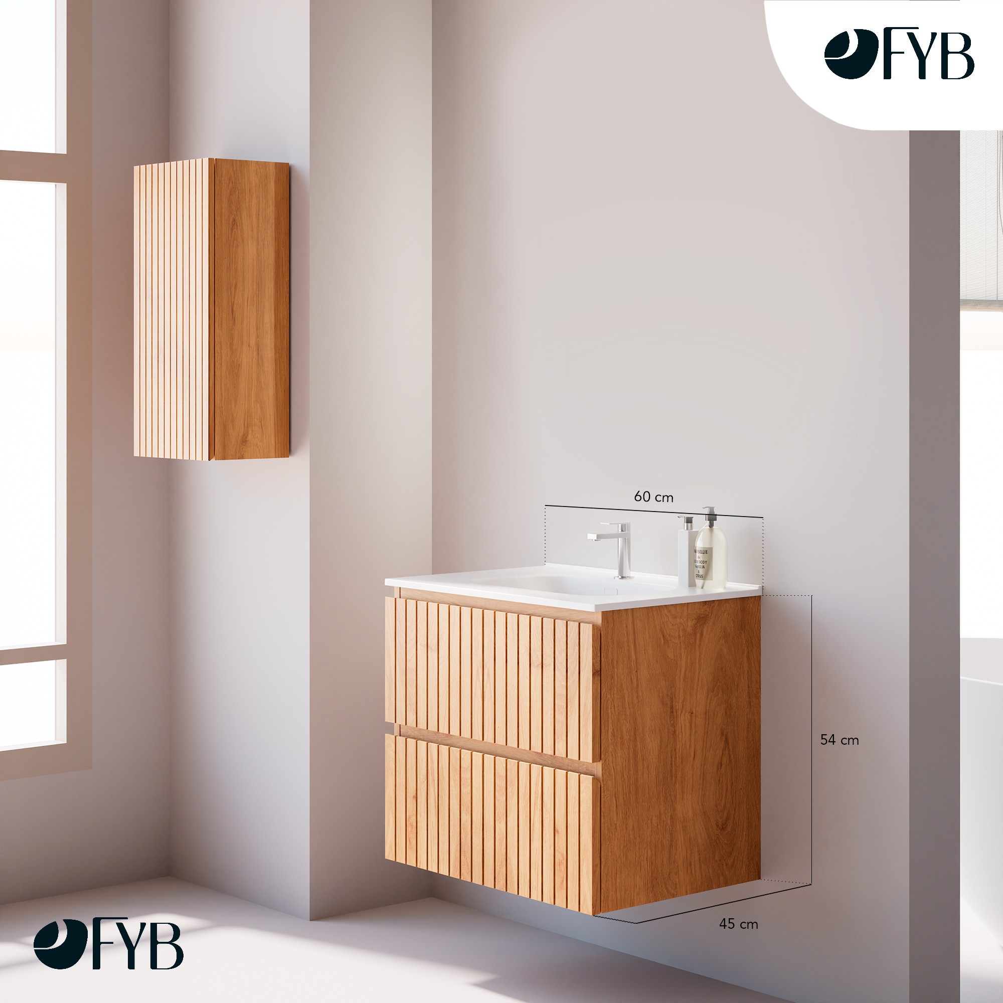 Feel Your Bath, Mueble Suspendido 60 cm, Color Roble Nórdico con 2 Cajones Soft Close y Encimera de Cerámica Blanca Integrada – Serie TIGER - 3
