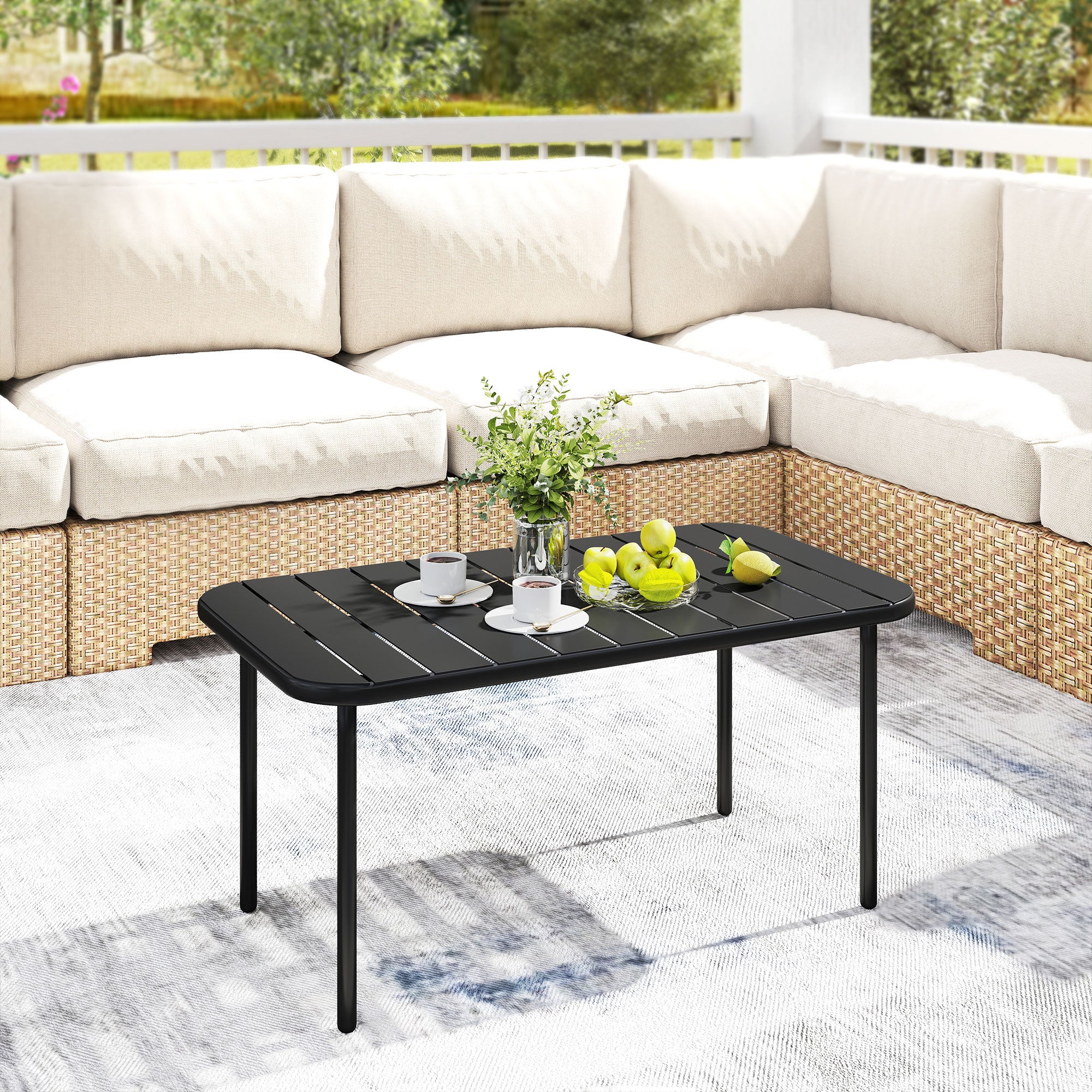 Table basse d'extérieur, table de patio rectangulaire en métal résistant aux intempéries avec plateau à lattes pour une utilisation en extérieur - 3
