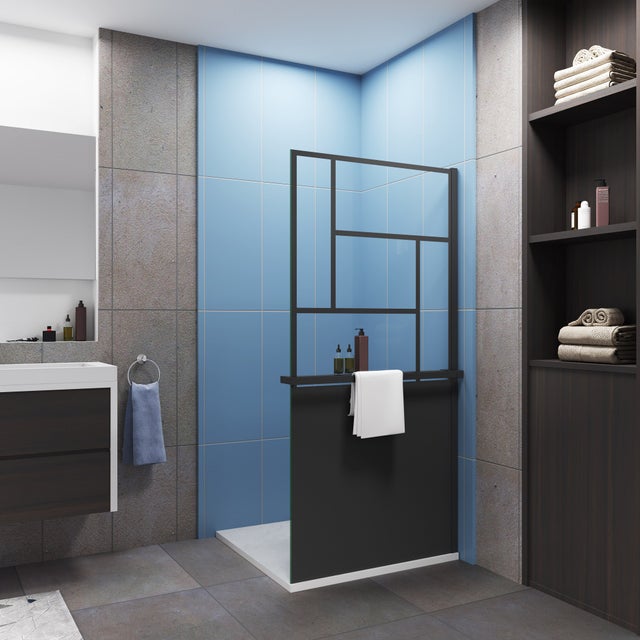 Paroi de douche noire italienne 100x200cm avec une étagère de douche 100cm, verre 8mm trempé style verrière et industriel