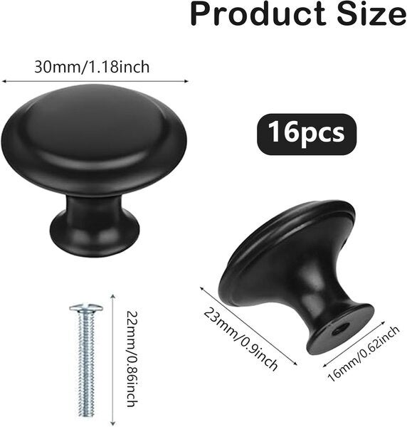 Set de 16 mânere rotunde negre pentru sertar de bucătărie, 30 mm, cu șuruburi de fixare 16buc