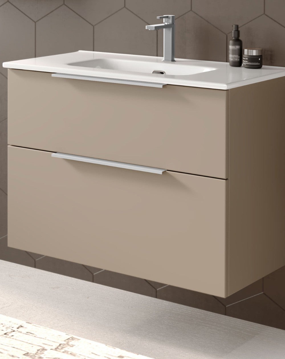 Mobili da bagno a muro con lavandino in ceramica | 80 cm | 2 cassetti con chiusura imbottita e organizzatore | Mocha Matte - Lucido al cromo - 3