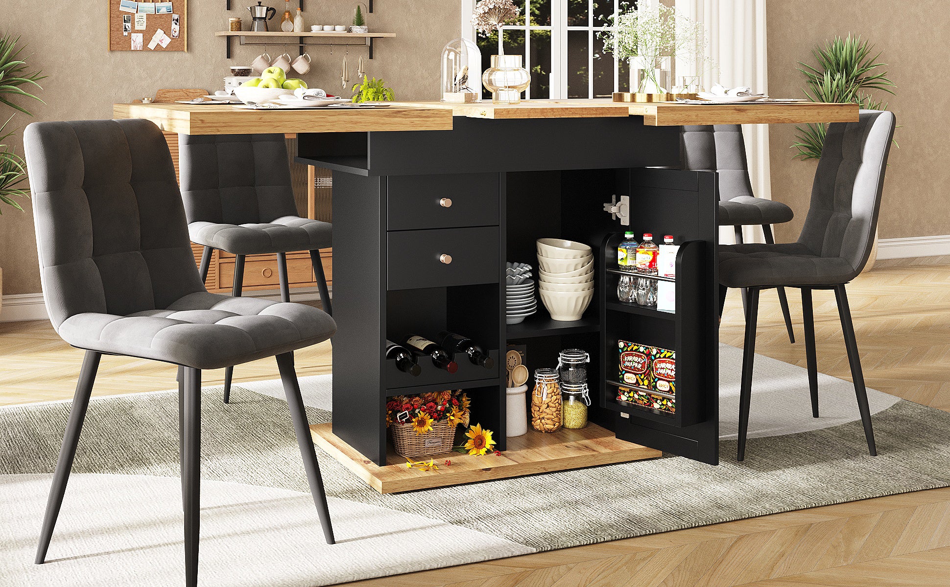 Table à manger extensible 4 à 6 couverts avec 1 tiroir et 2 porte - 110/140 x 80 x 75 cm - MDF - Noir + naturel - 2