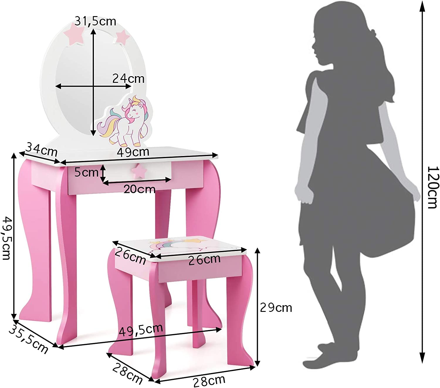Set Toeletta per Ragazza, Toeletta Trucco per Bambini con Sgabello, Specchio Staccabile e Cassetto, Postazione Trucco in Legno per Cameretta 4 - 5