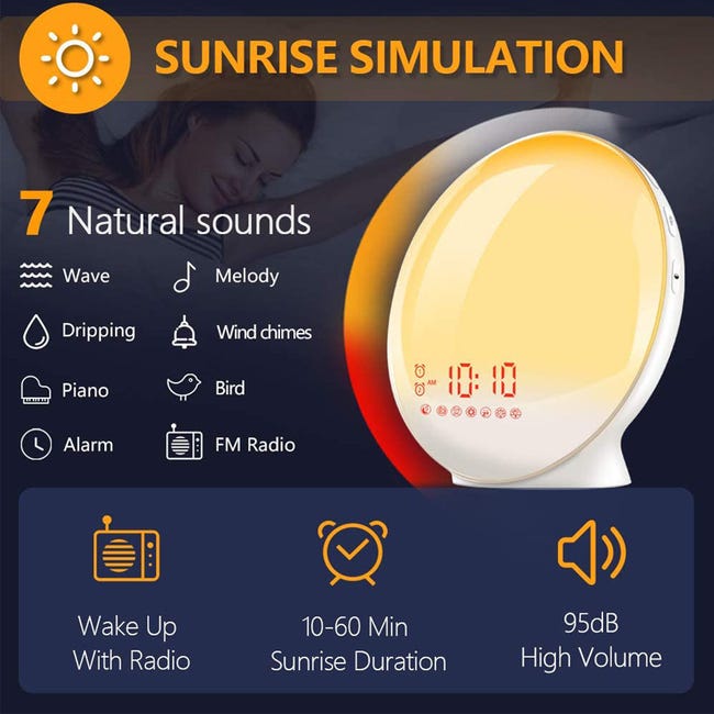 Sveglia All'alba Sarini Con Simulazione Alba/tramonto - Doppia Sveglia, Radio FM, Luce Colorata