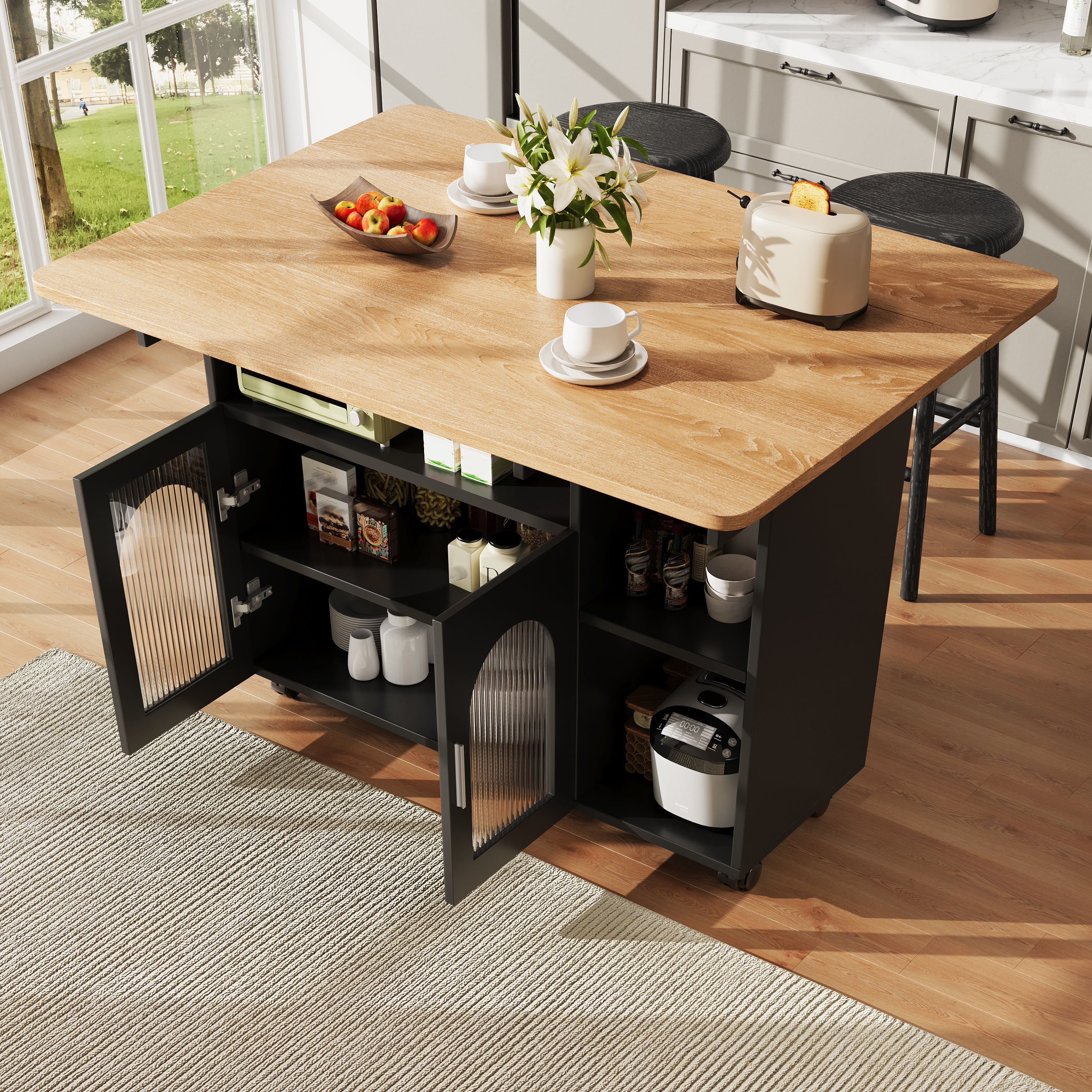 Îlot de cuisine 120x30x79,5 cm, desserte de cuisine avec rangements, buffet, table de salle à manger multifonction, MDF, noir - 2