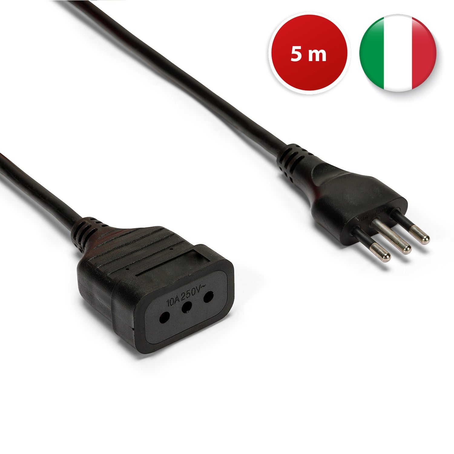 Rallonge italienne 5 m. Fiche et prise 10A, Cable 3g0,75 mm - 2