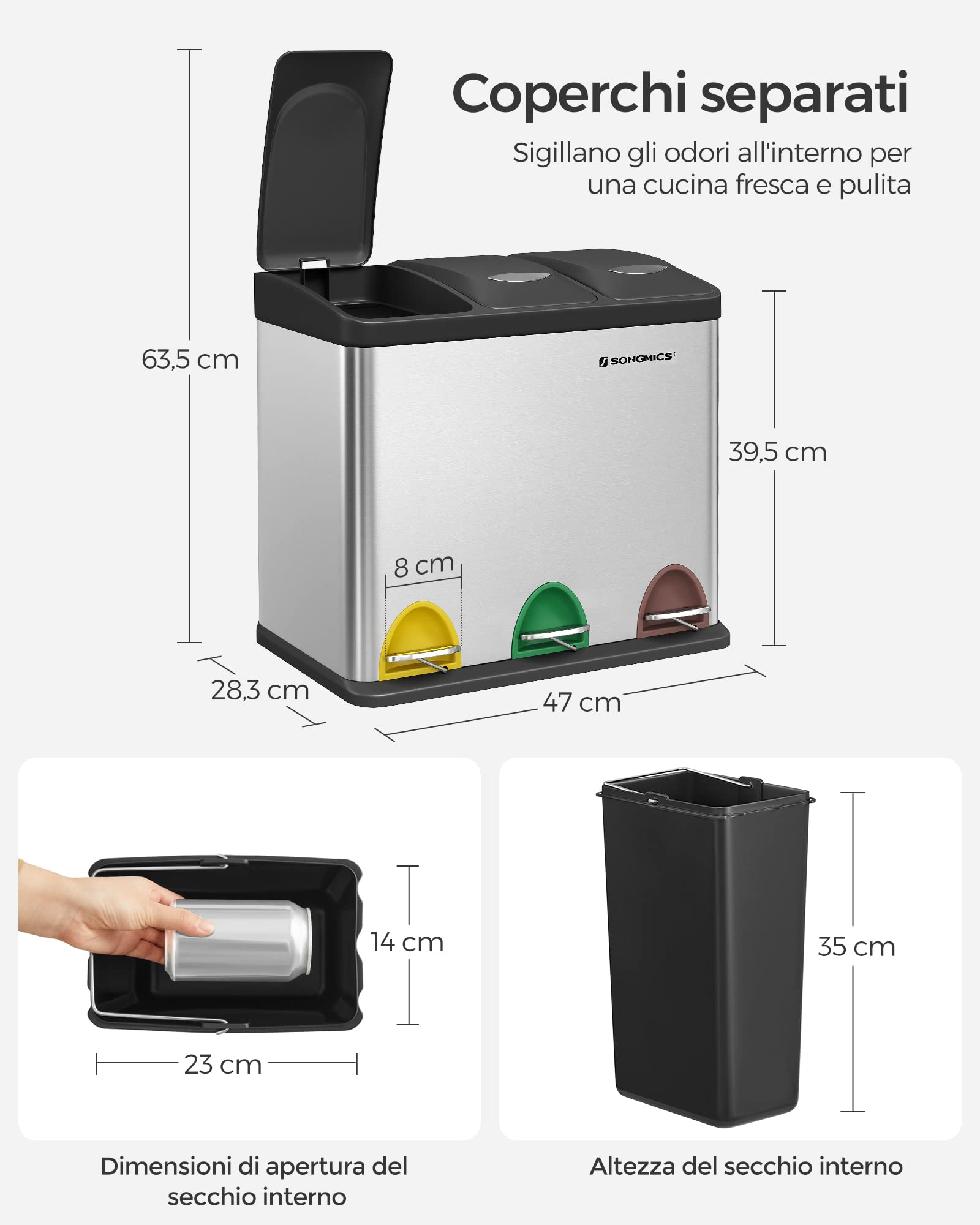 Poubelle De Recyclage, Poubelle À Pédales 3-en-1, Poubelle 24l En Métal, Pour Cuisine, Argent - 6