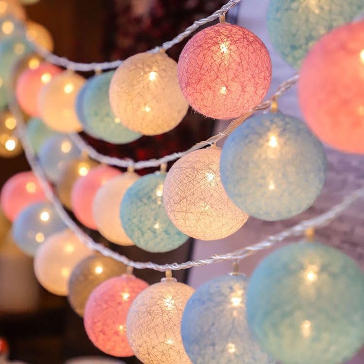 Bande lumineuse boules de coton - 3 m 20 LED - Couleur macaron - Alimentation par piles - Lumière blanche chaude (avec flash) - 6