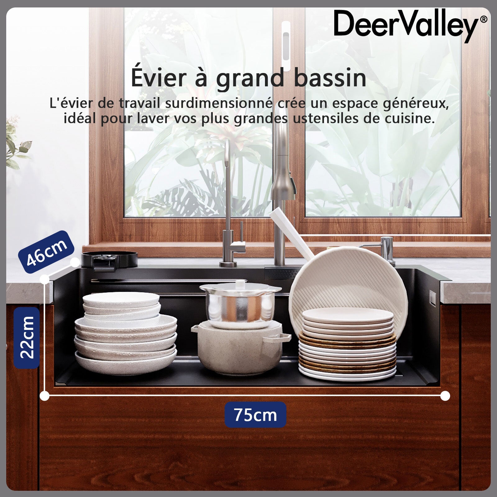 Évier de Cuisine Multifonction DeerValley Cascade en Acier Inoxydable 304 - 75 x 46 cm - Robinet Tirable 3 en 1 - 5
