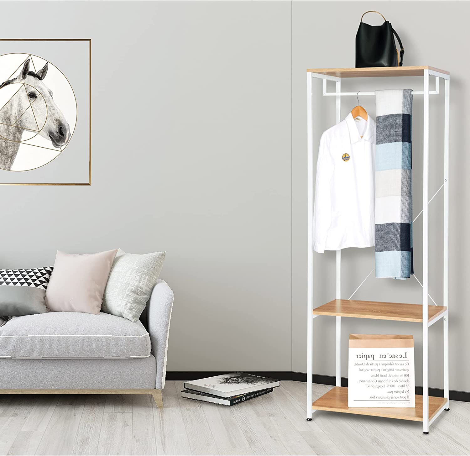 Armoire de rangement WOLTU, Étagère à vêtements, Portant à vêtements en métal et bois, 60 x 40 x 167 cm, Blanc+chêne clair - 2